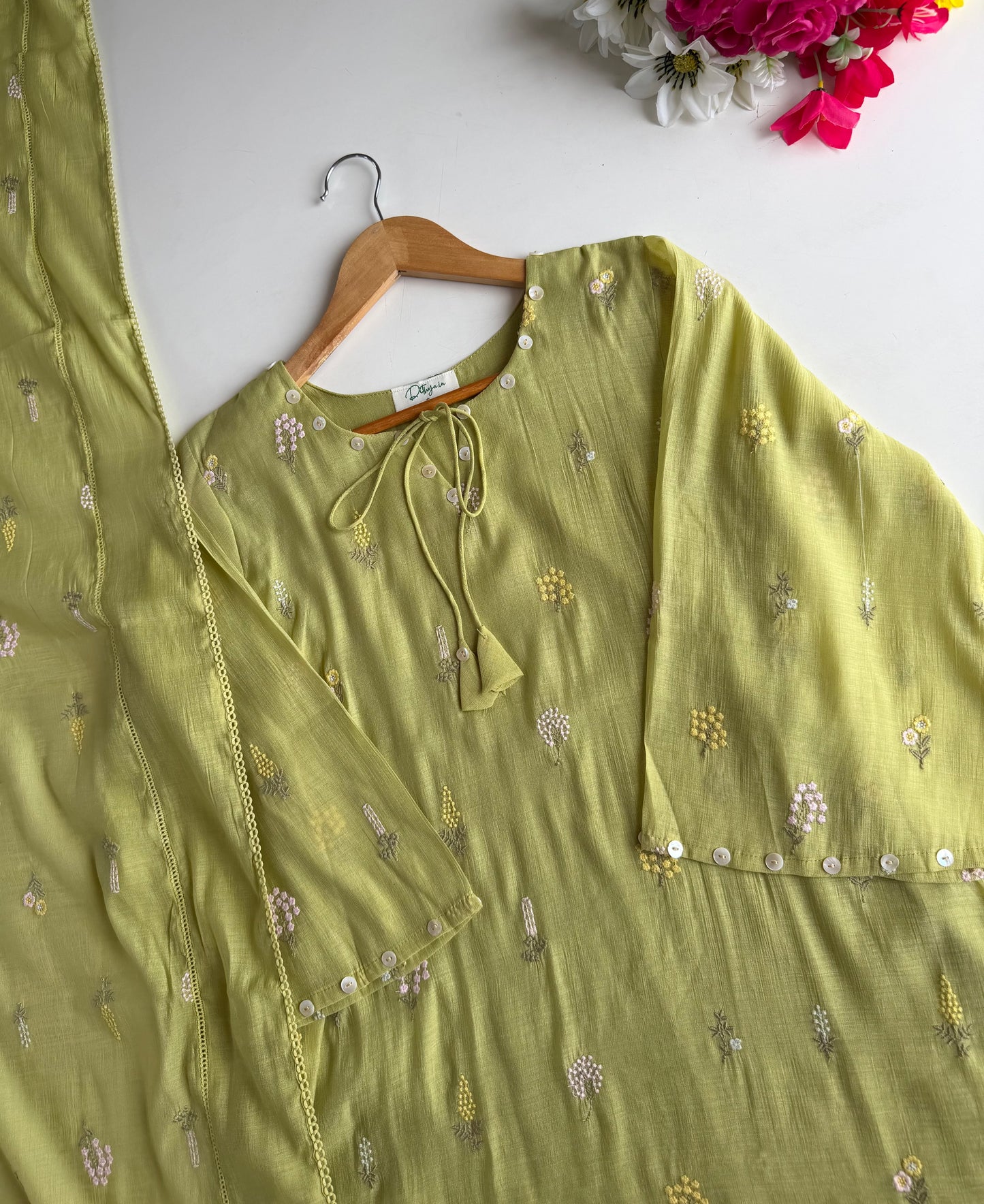 K736 - Surat Mul chanderi paisley embroidered Aline Kurti with pants and dupatta in 2 colours