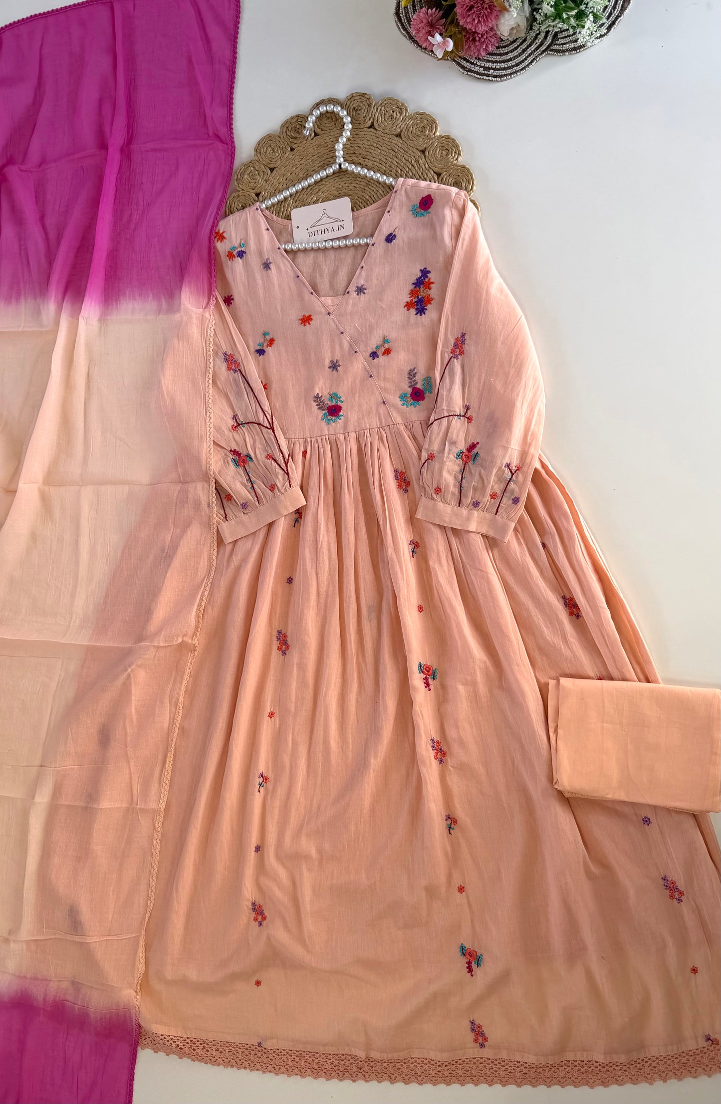 K633 - Mul cotton embroidered Anarkali with pants and dupatta