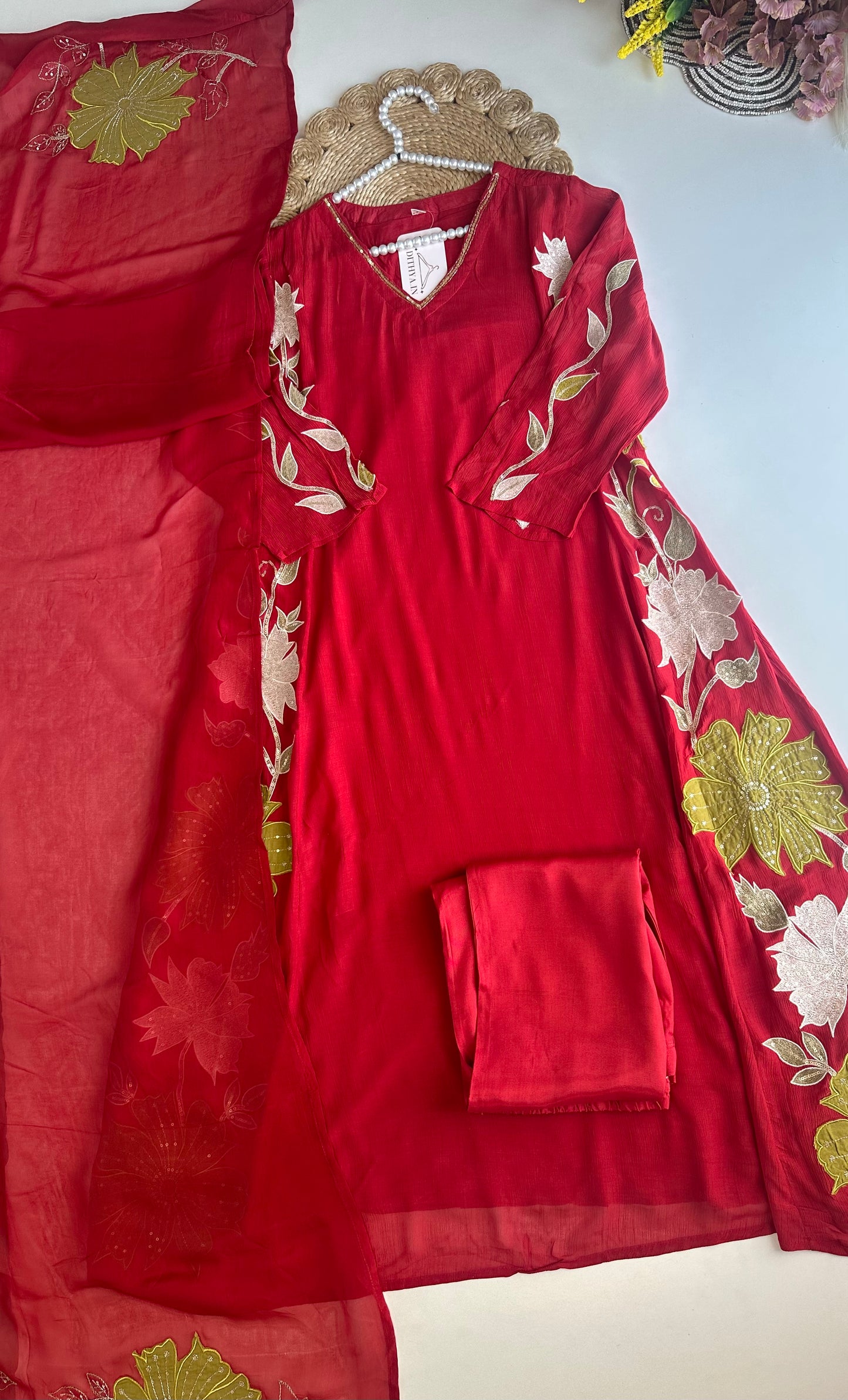 K468 - Crushed Mul Chanderi Appliqué work Anarkali with pants and dupatta in 2 colours