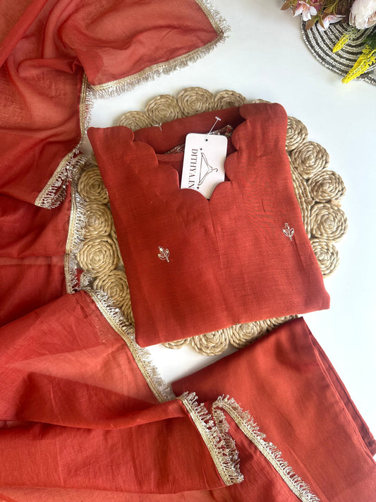 K430 - Mul Chanderi handwork Anarkali with pants and dupatta in 2 colours