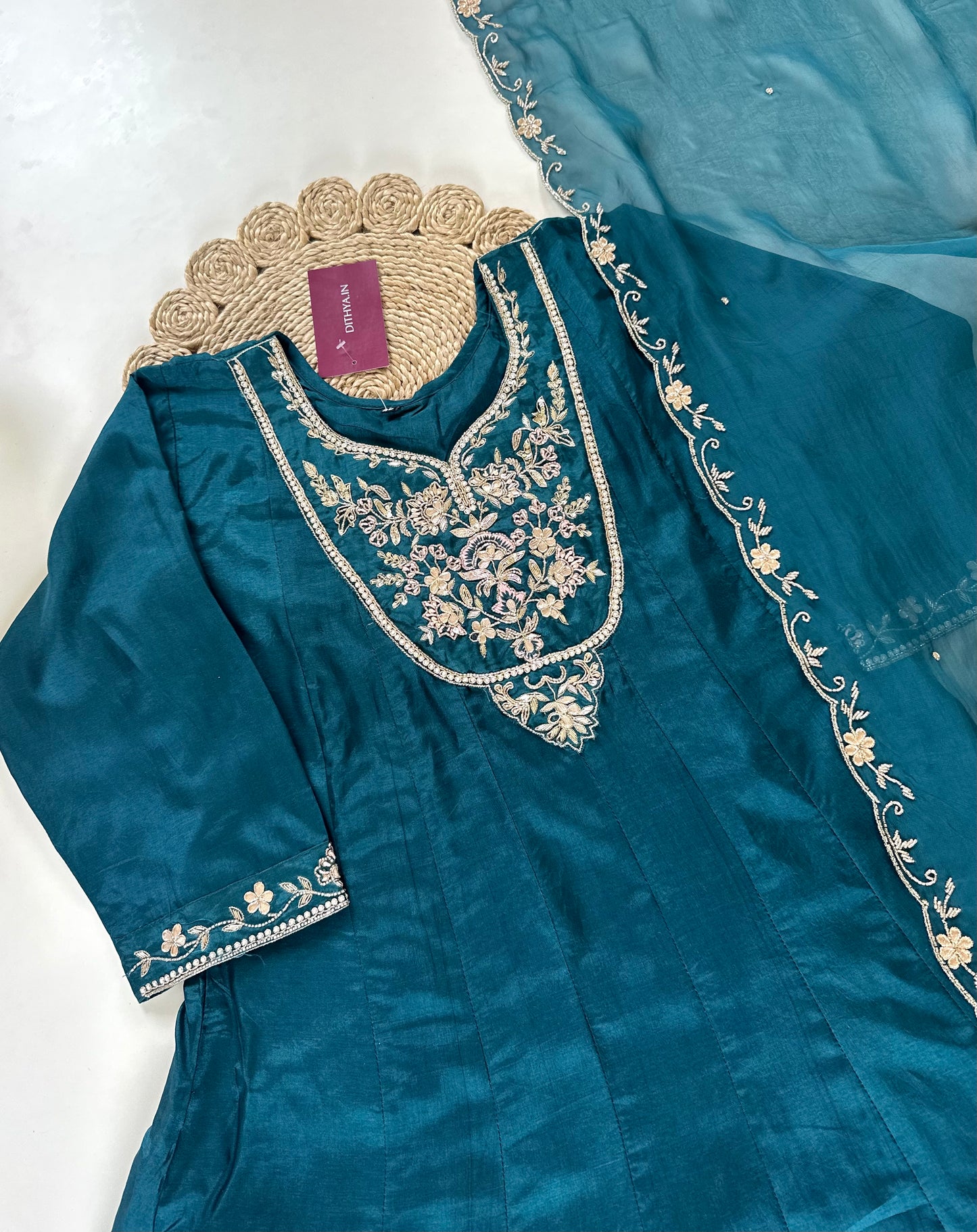 K076 - Zardosi Russian silk Anarkali with pants and dupatta .