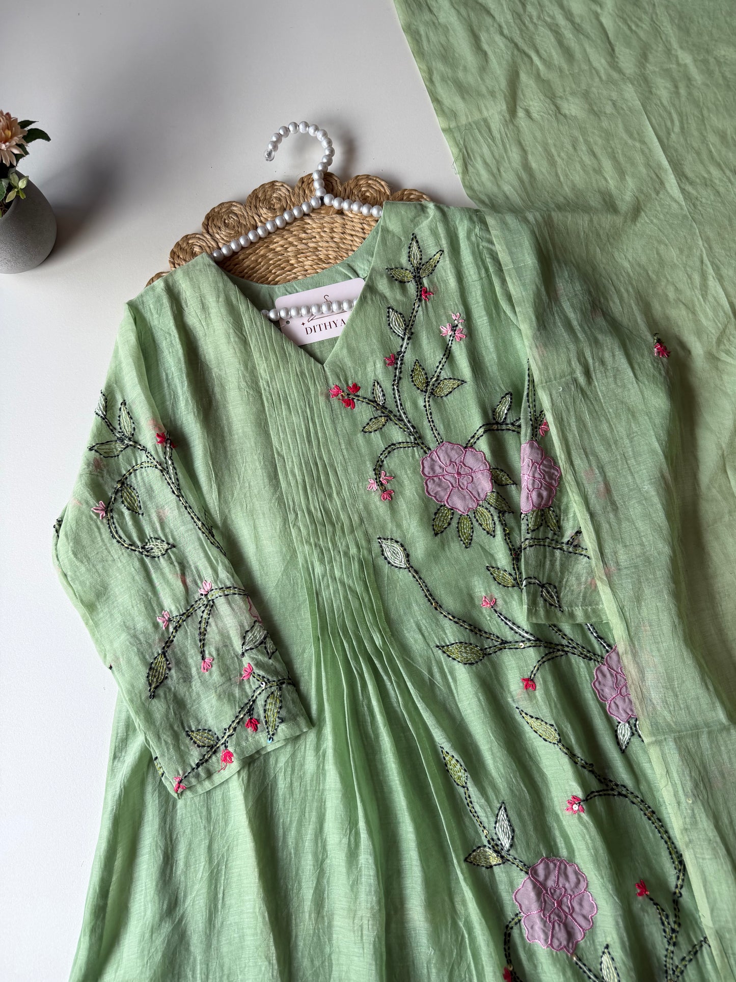 K636 - Mul chanderi hand embroidered Aline Kurti with pants and dupatta