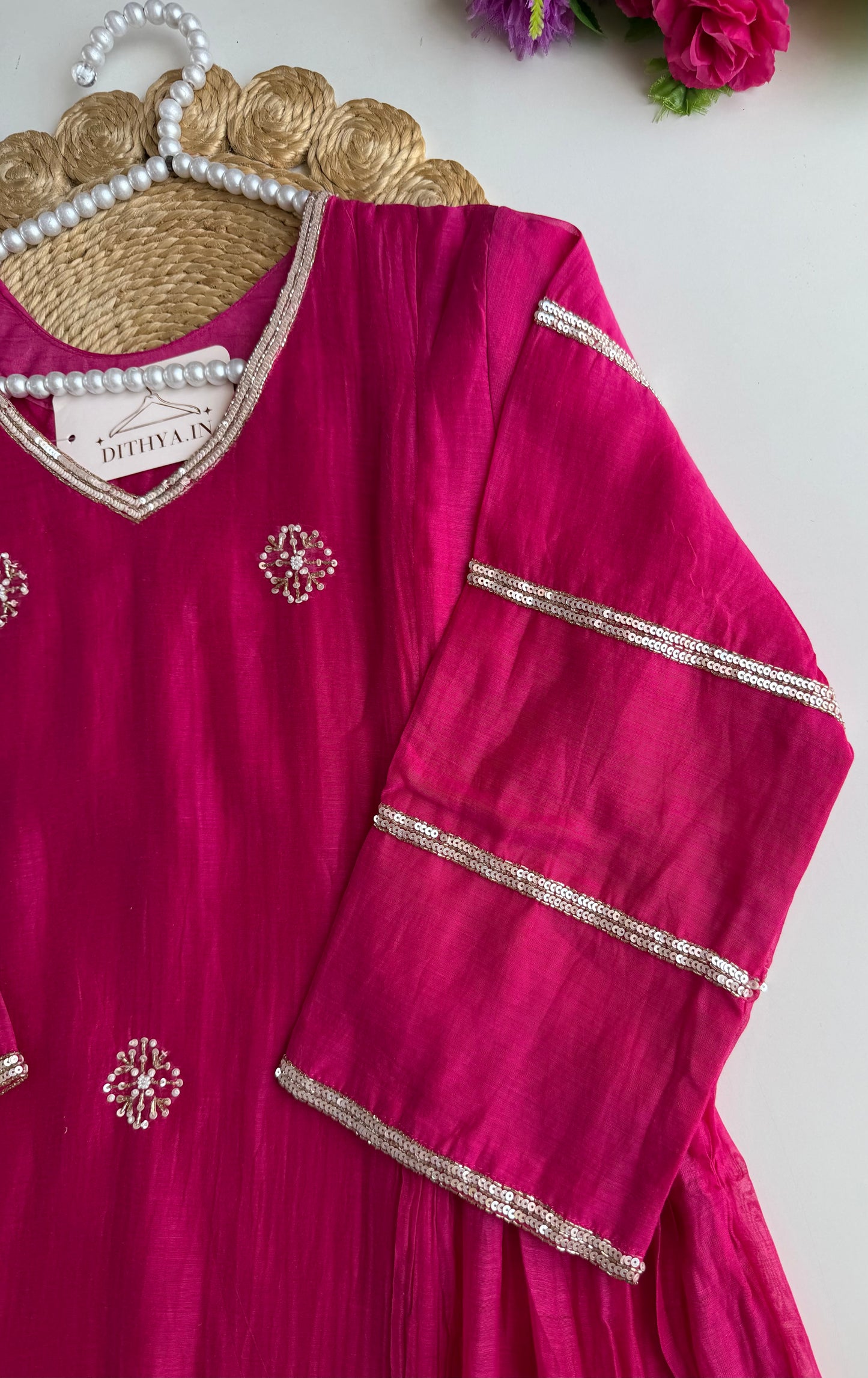 K524 - Mul chanderi handwork aline Kurti with pants and dupatta