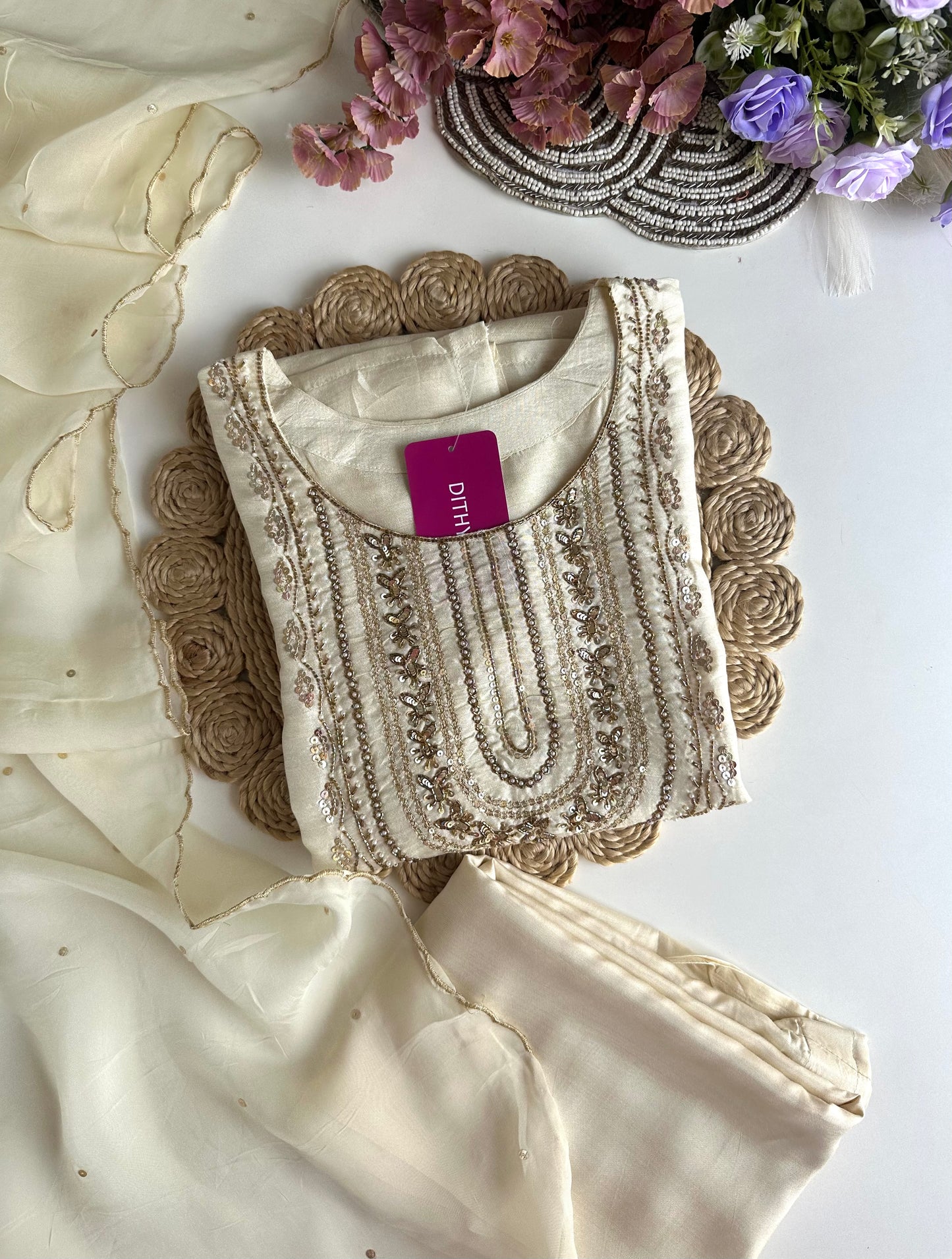 K188 - Russian silk handwork straight Kurti with pants and dupatta in 2 colours
