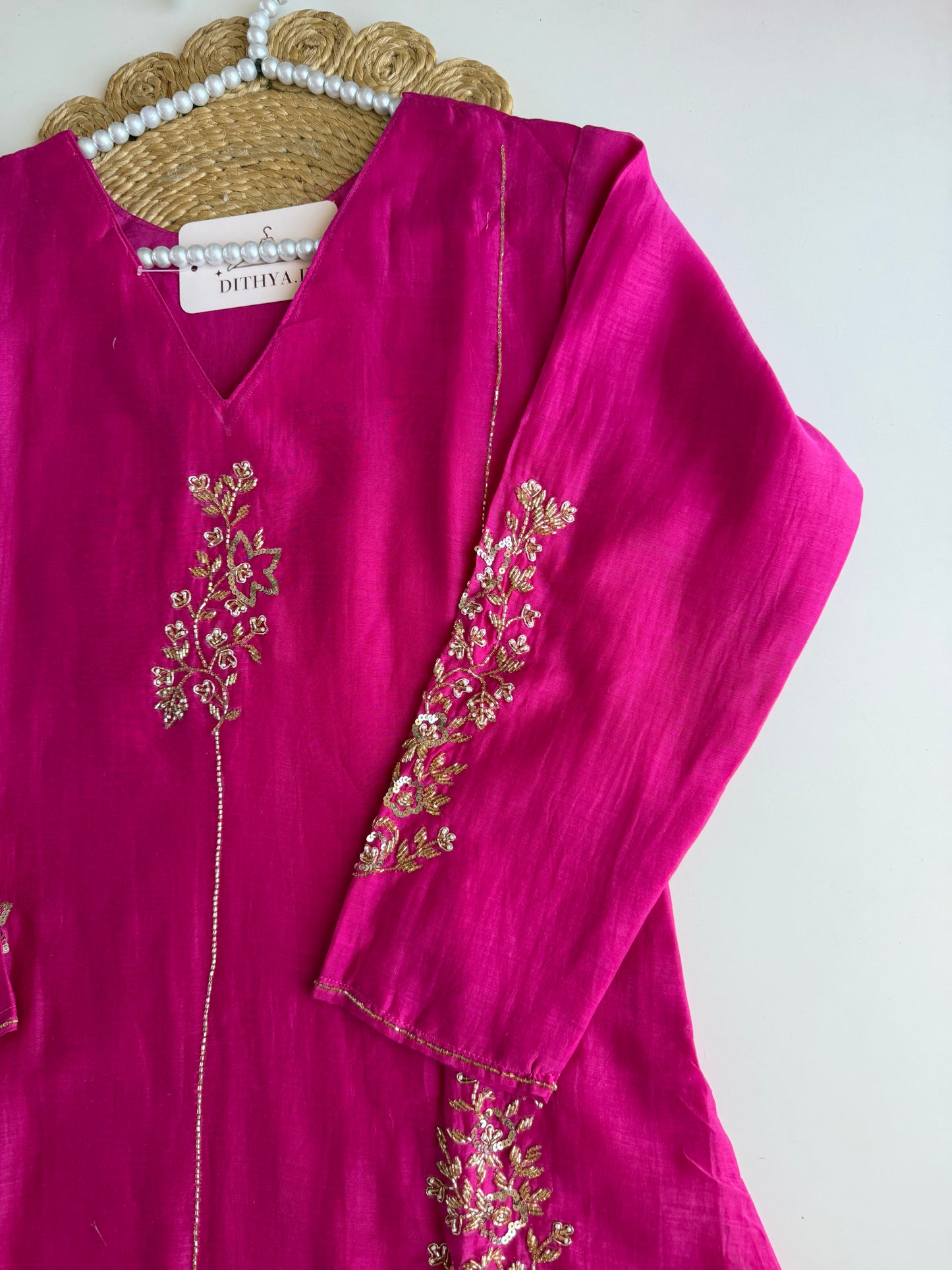 K616 - Mul chanderi handwork Aline Kurti with pants and dupatta