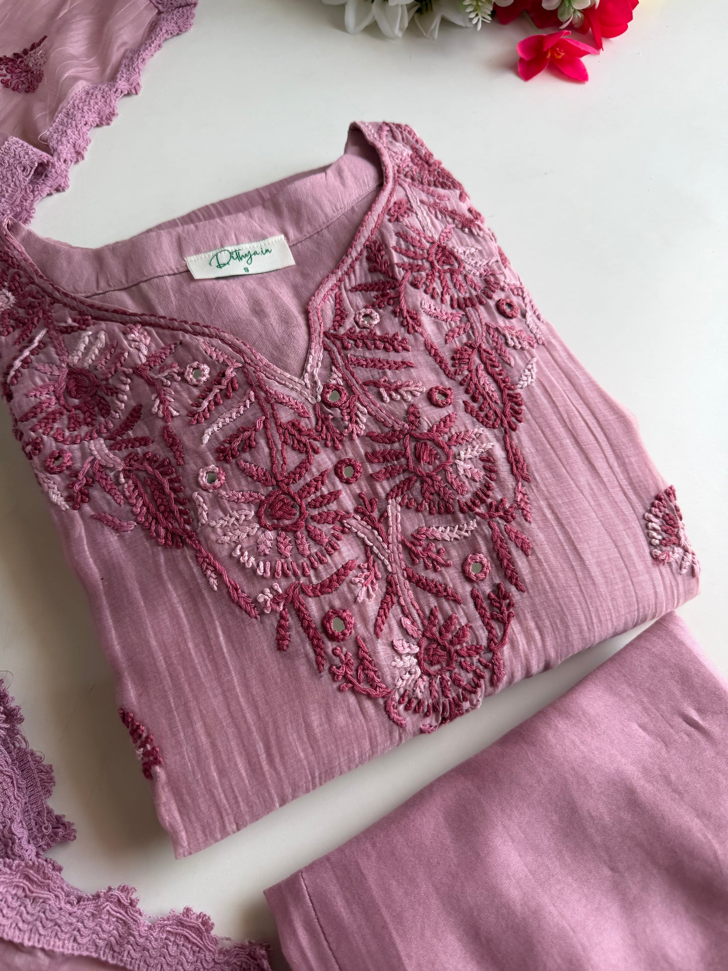 K614 - Mul chanderi embroidered Aline Kurti with pants and dupatta