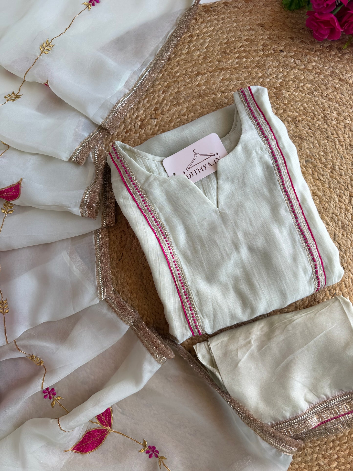 K323 - Mul Chanderi gota handwork aline Kurti with pants and dupatta