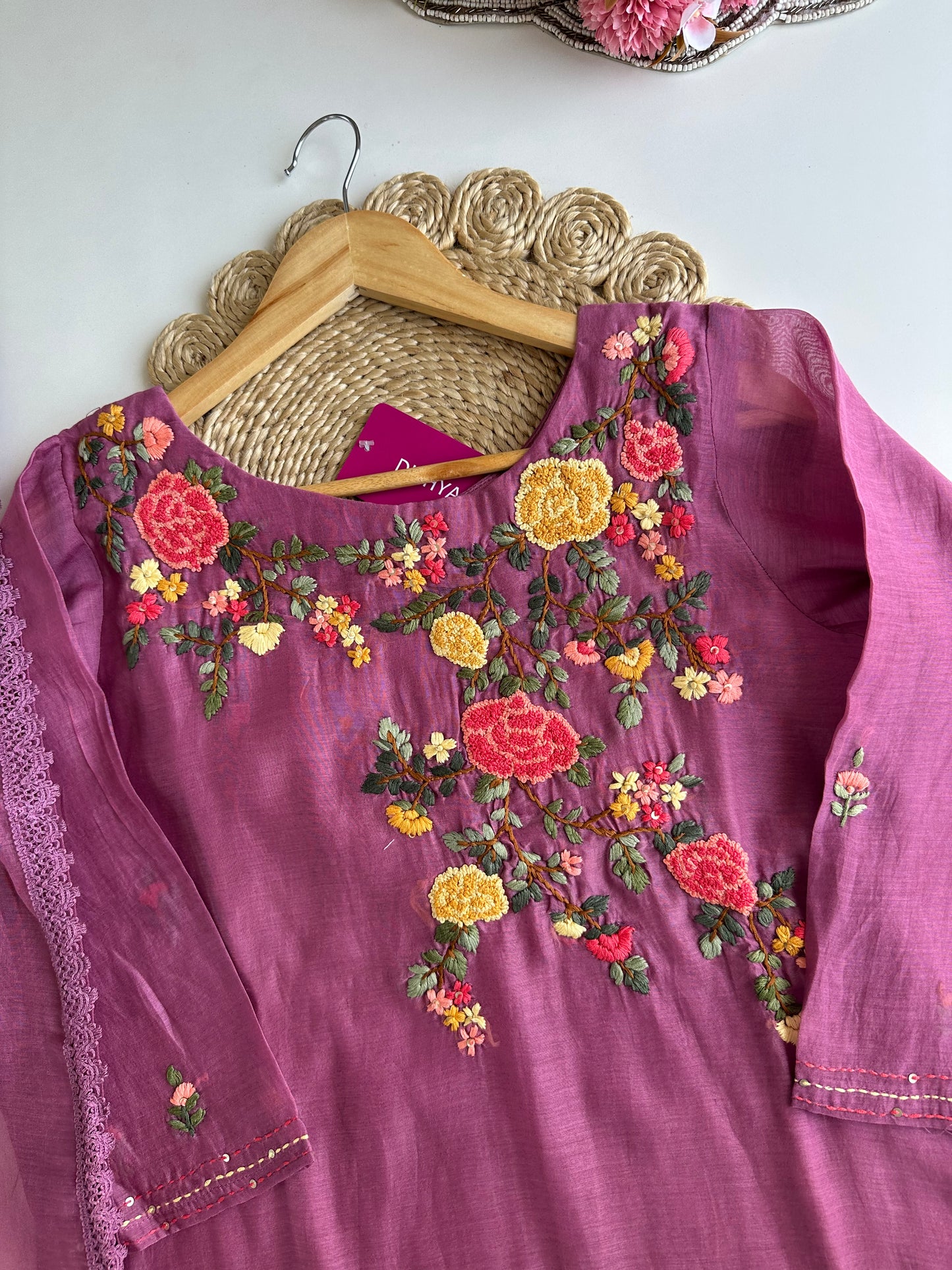 K257 - Mul Chanderi embroidered Aline Kurti with pants and dupatta