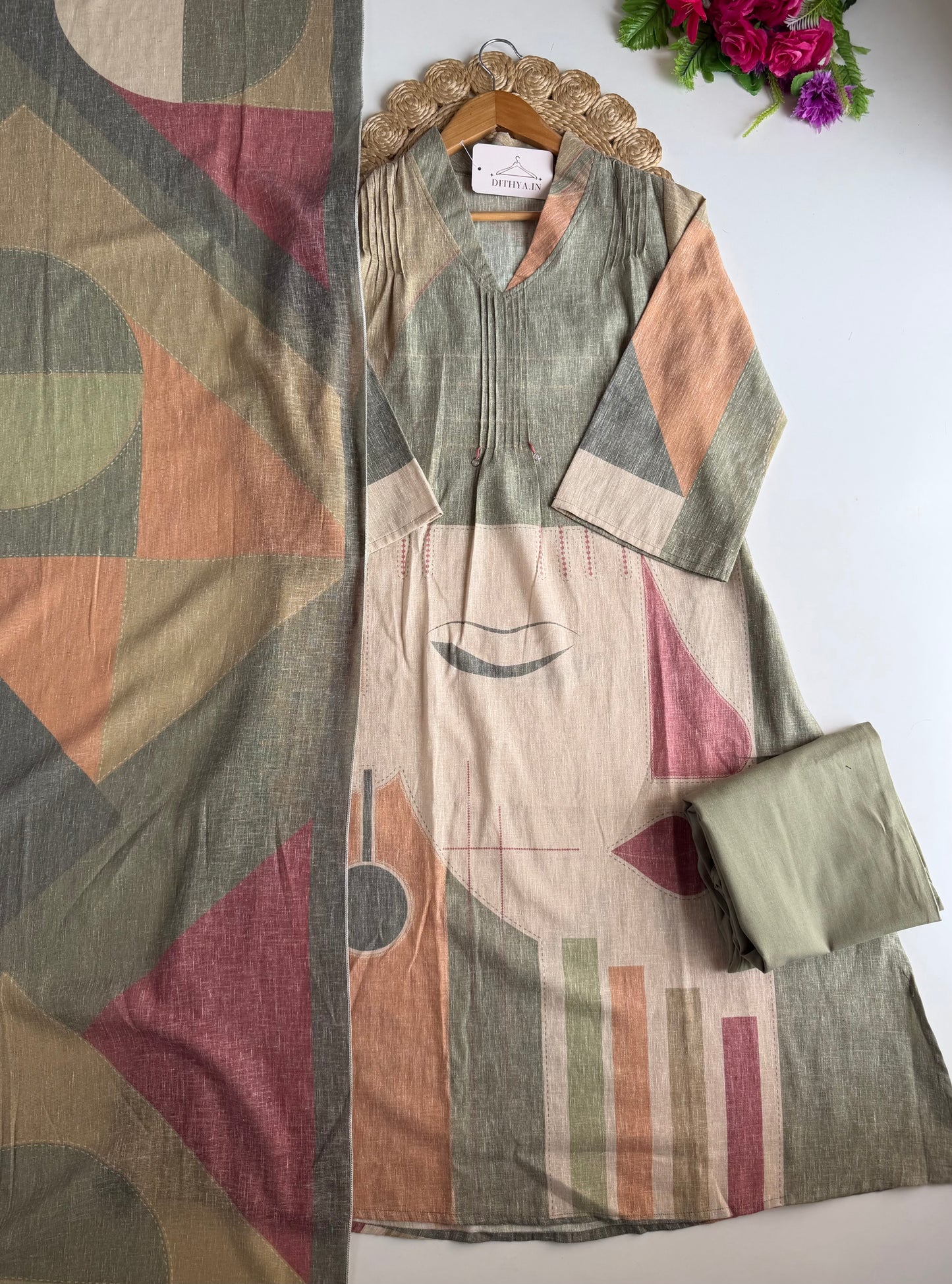 K242 - Linen printed Aline Kurti with pants and dupatta