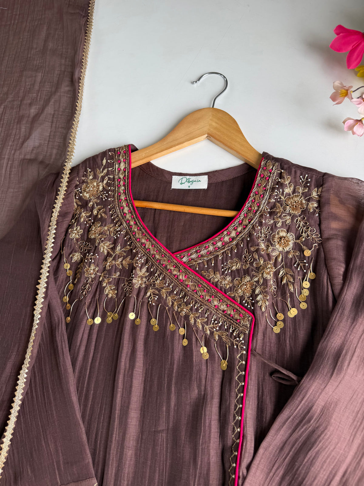 K156 - Pure Banarasi Mul chanderi handwork angrakha Aline Kurti with pants and dupatta