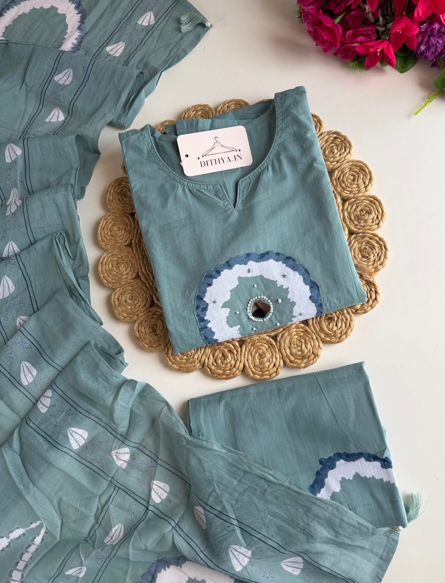 K543 - Mul cotton embroidered Aline   Kurti with pants and dupatta