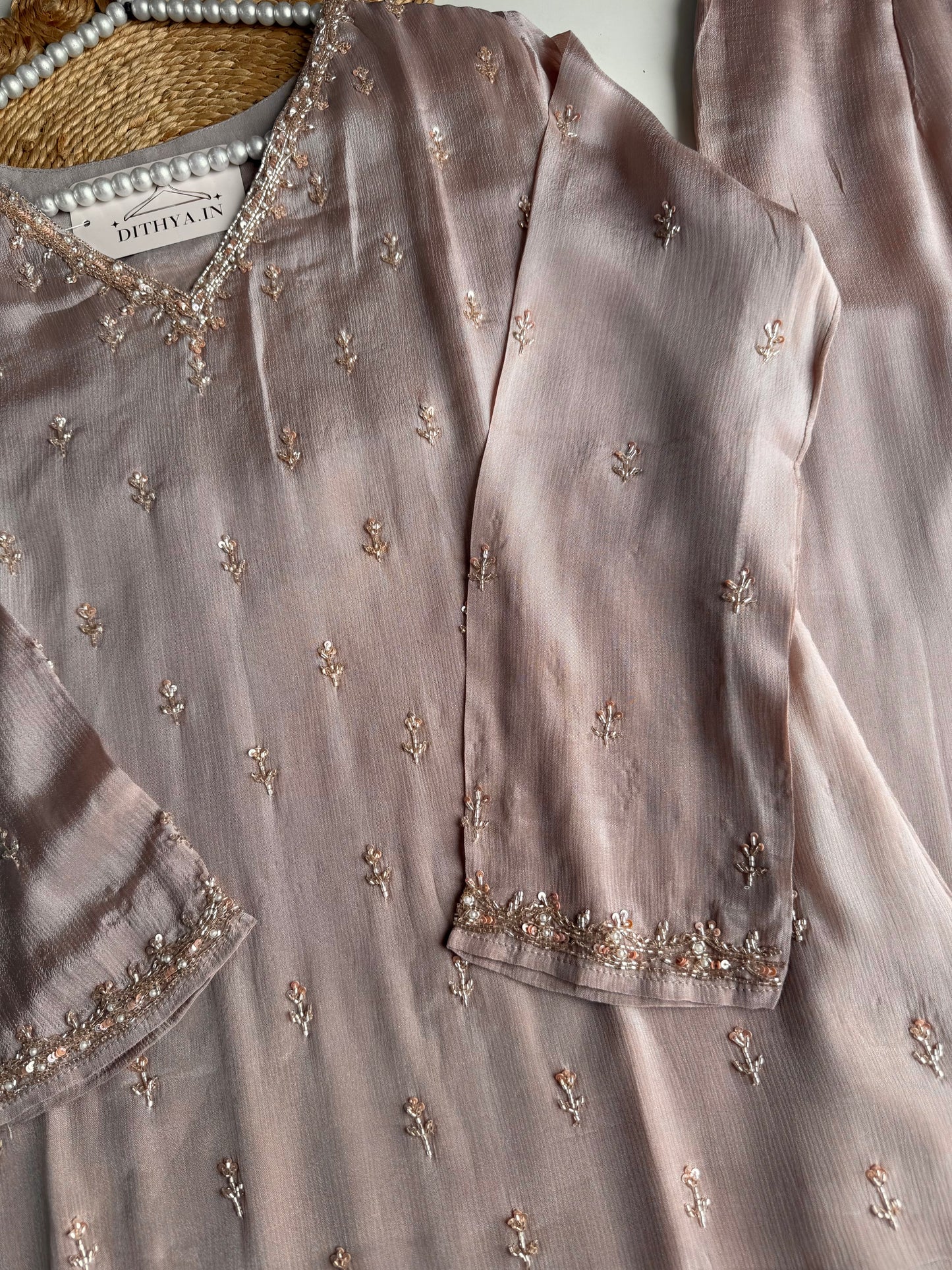 K534 - Chinnon handwork aline Kurti with divider pants and dupatta