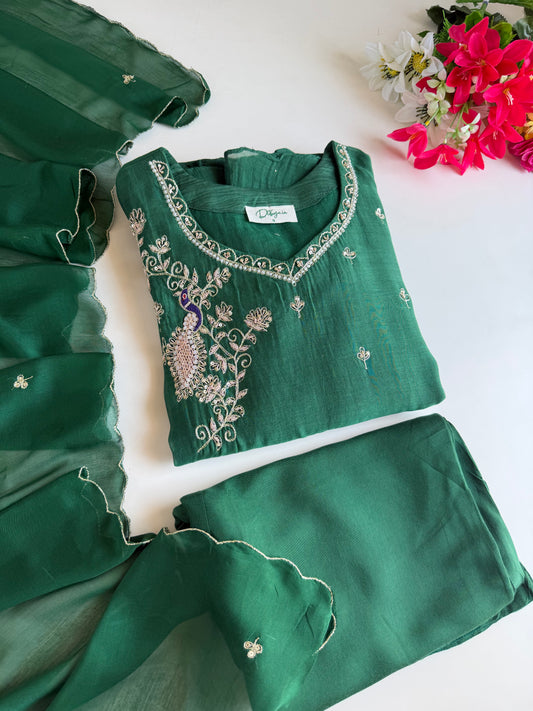 K691 - Banarasi Mul chanderi handwork Aline Kurti with pants and dupatta