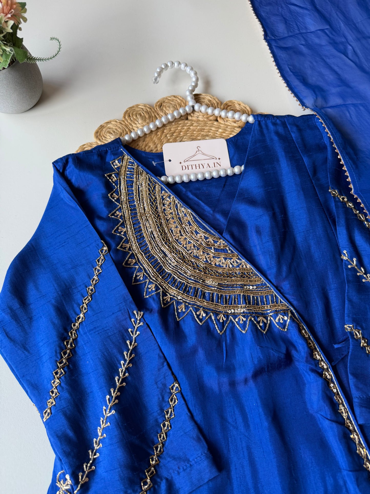 K206 - Russian silk handwork Angrakha Aline Kurti with pants and dupatta