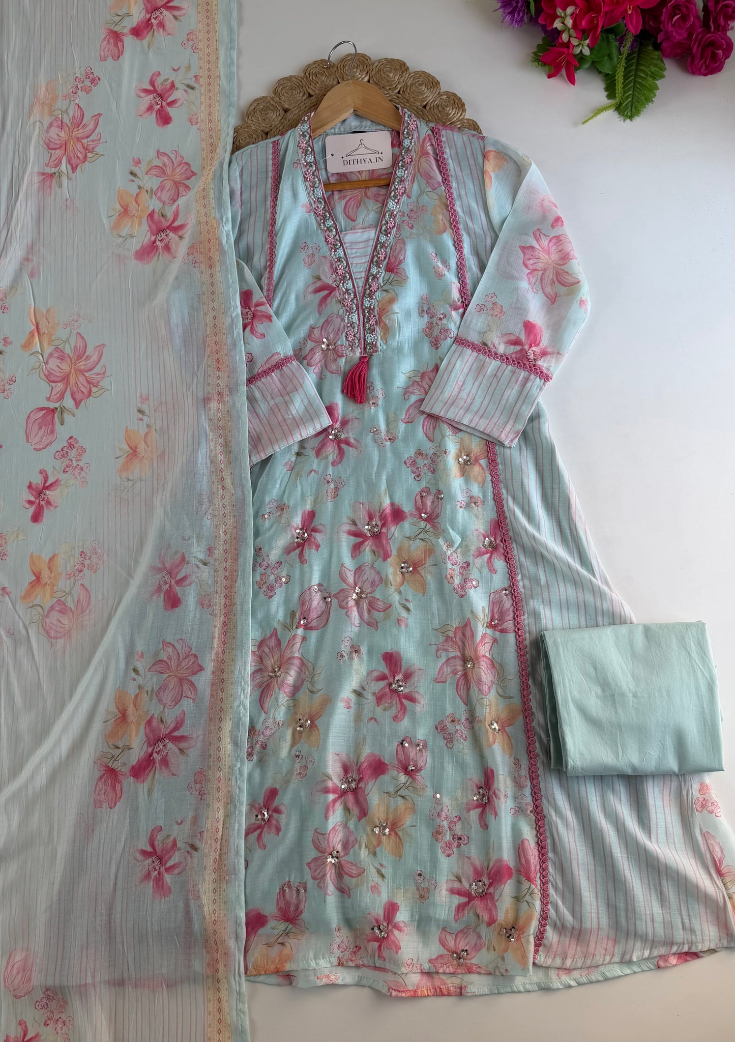 K524 - Mulmul chanderi floral Aline Kurti with pants and dupatta
