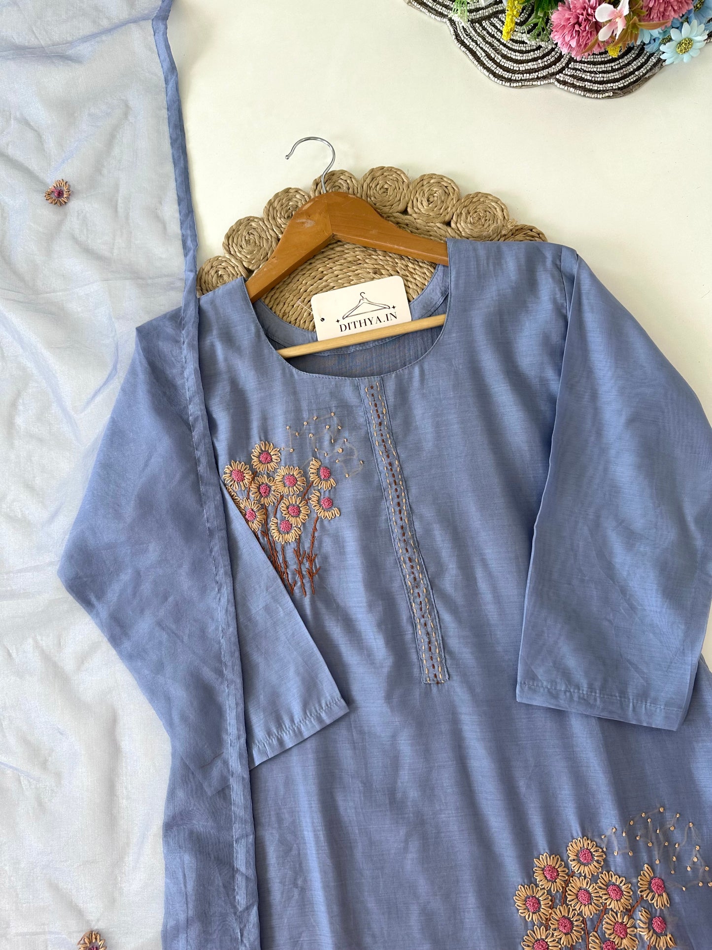 K213 - Mul cotton embroidered straight Kurti with pants and dupatta