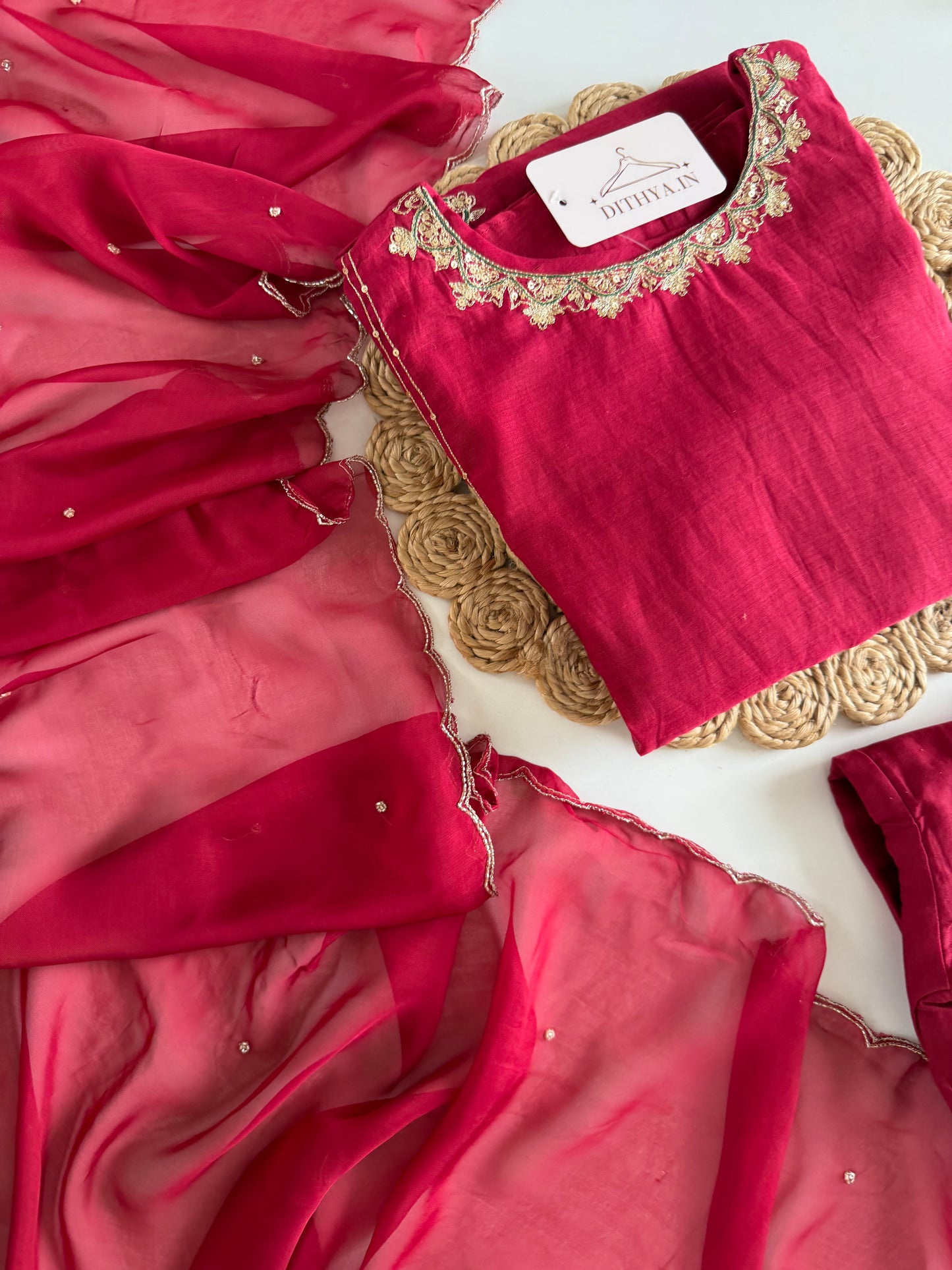 K333 - Mul chanderi handwork aline Kurti with pants and dupatta