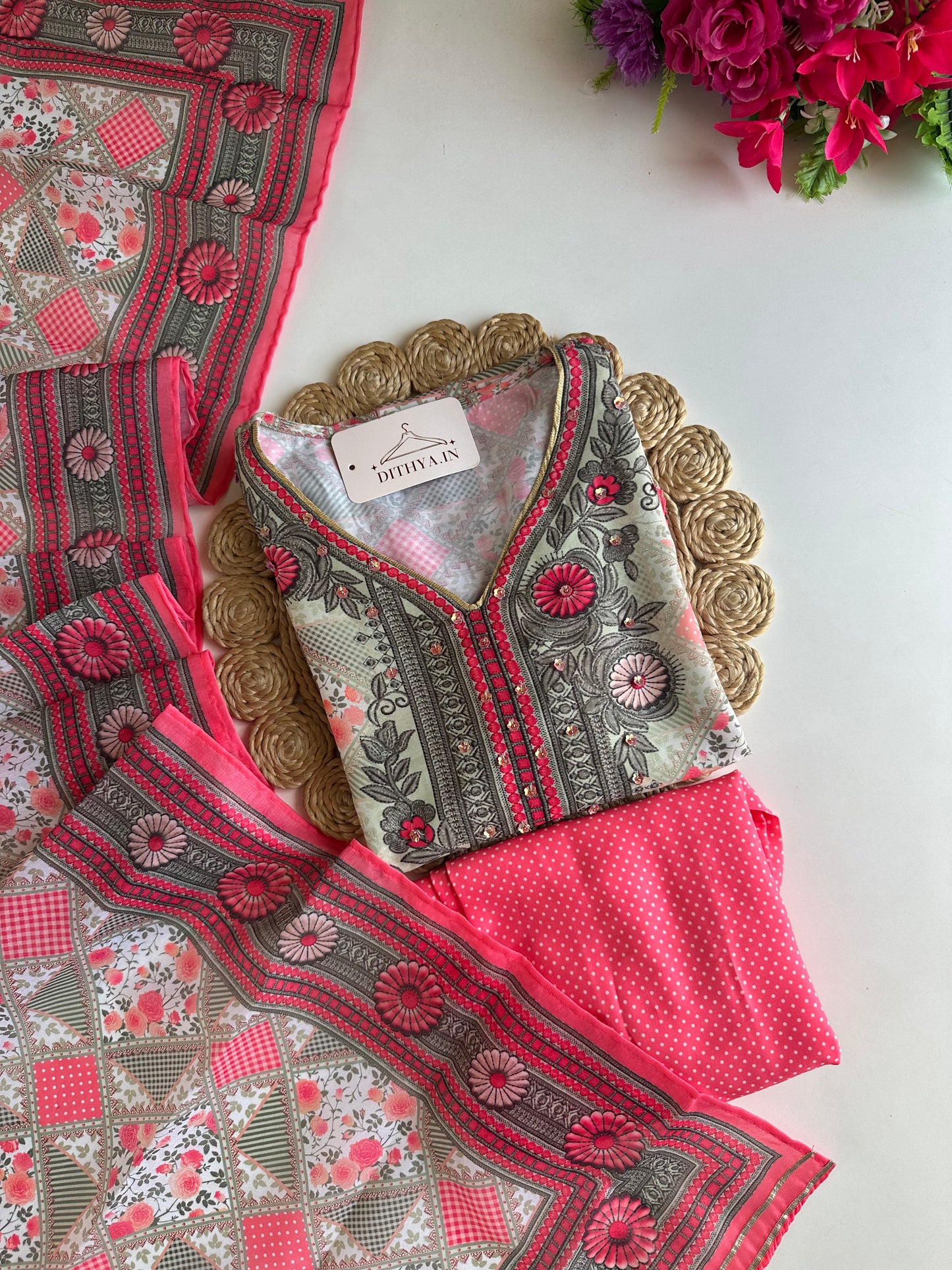 D501- Rayon straight Kurti with pants and dupatta