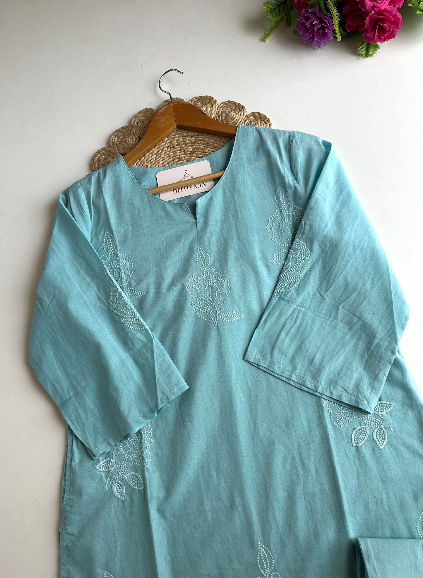 K237 - Mul cotton embroidered straight Kurti with pants