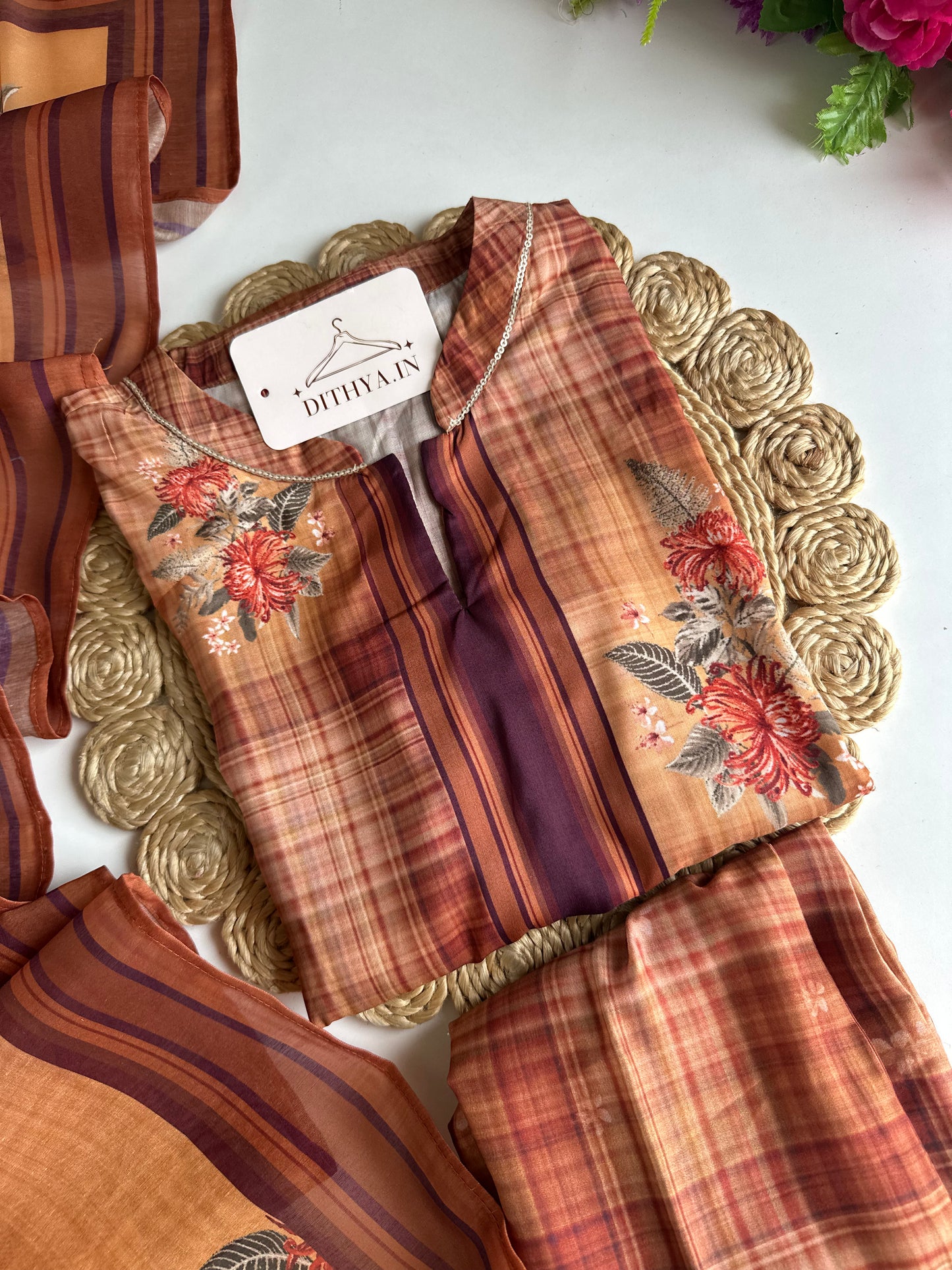 D504-Rayon straight Kurti with pants and dupatta
