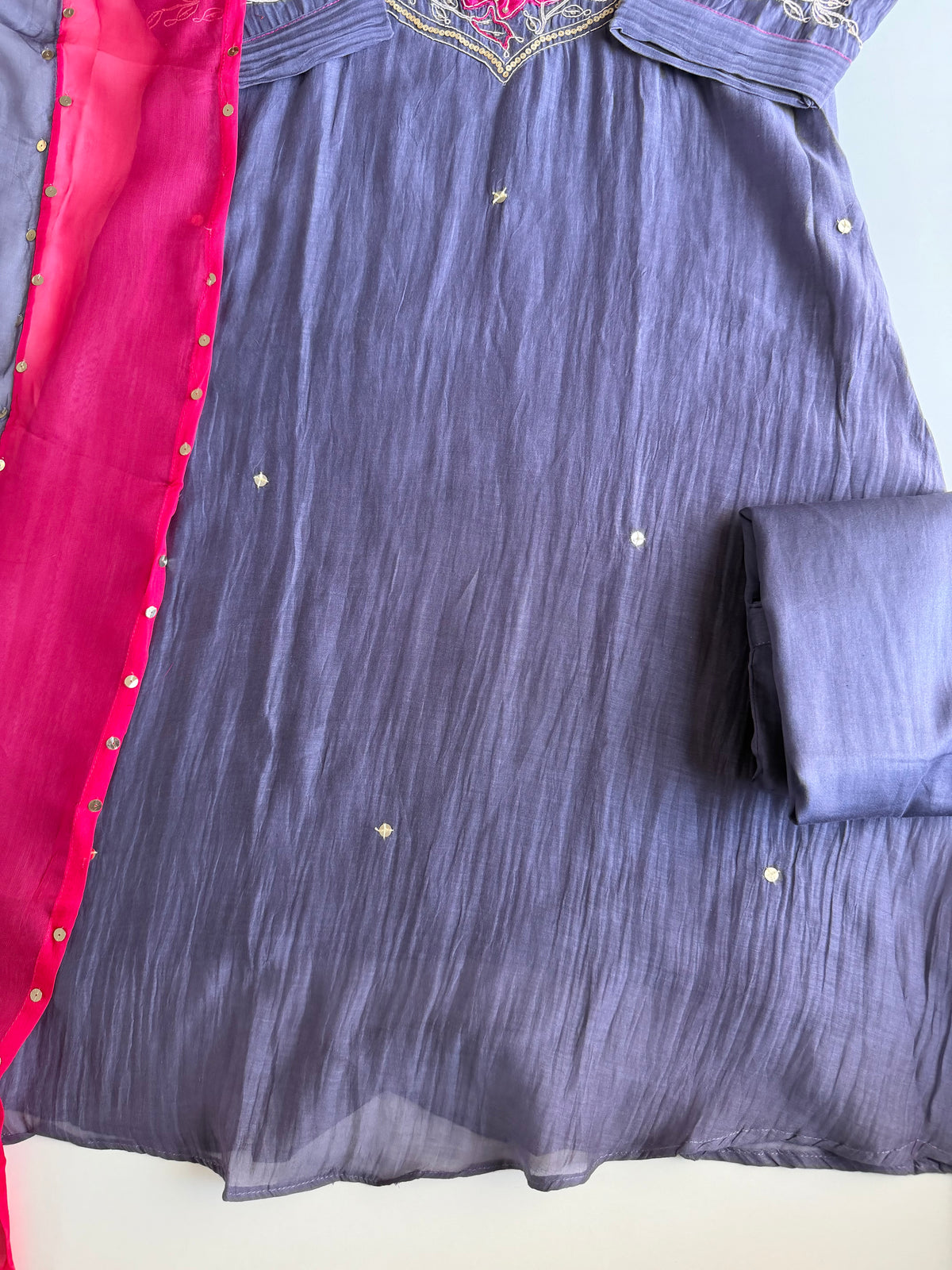 K132 - Pure Banarasi Mul chanderi handwork aline Kurti with pants and dupatta