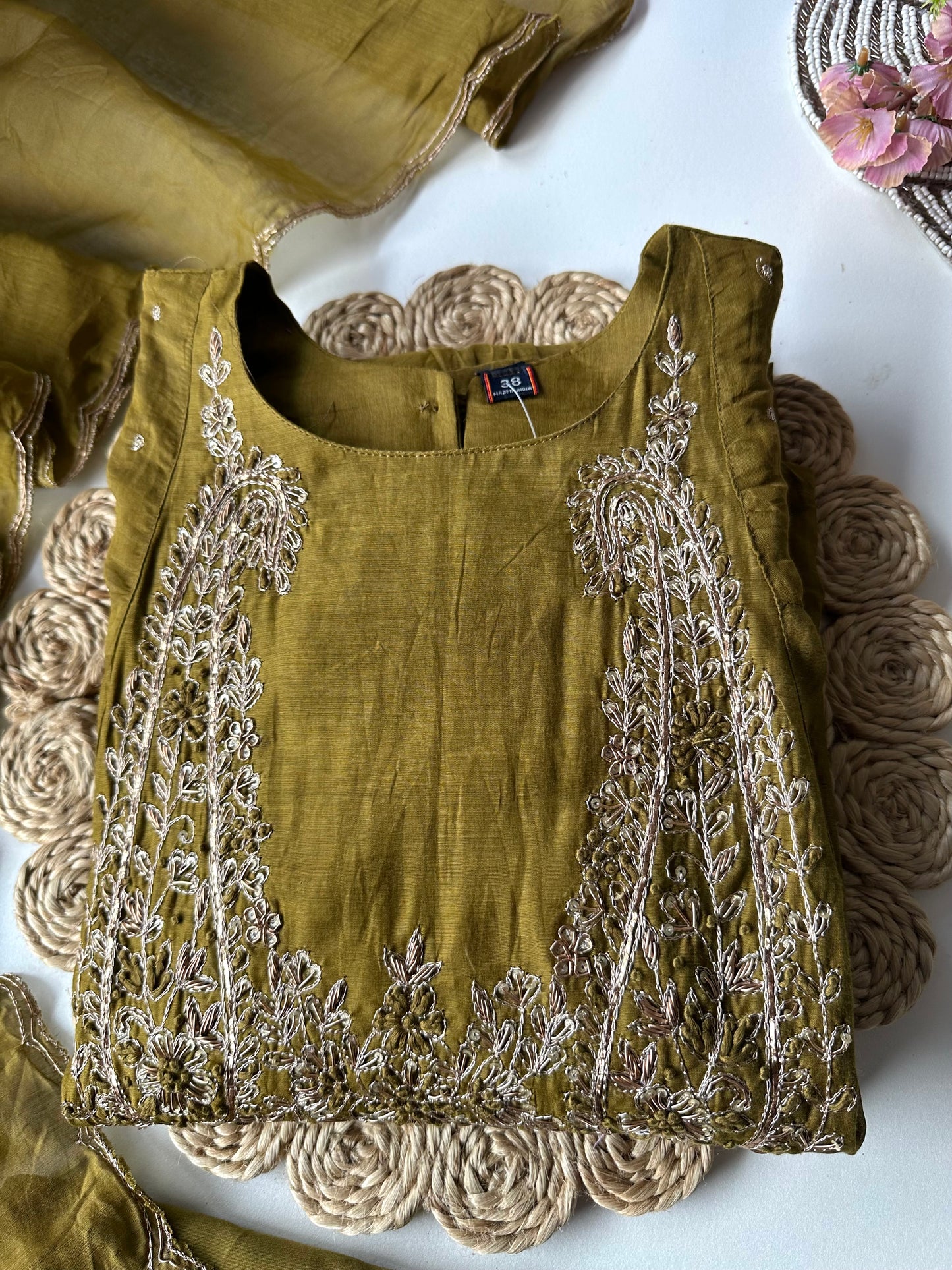K197 - Mul Chanderi zari work Aline Kurti with pants and dupatta