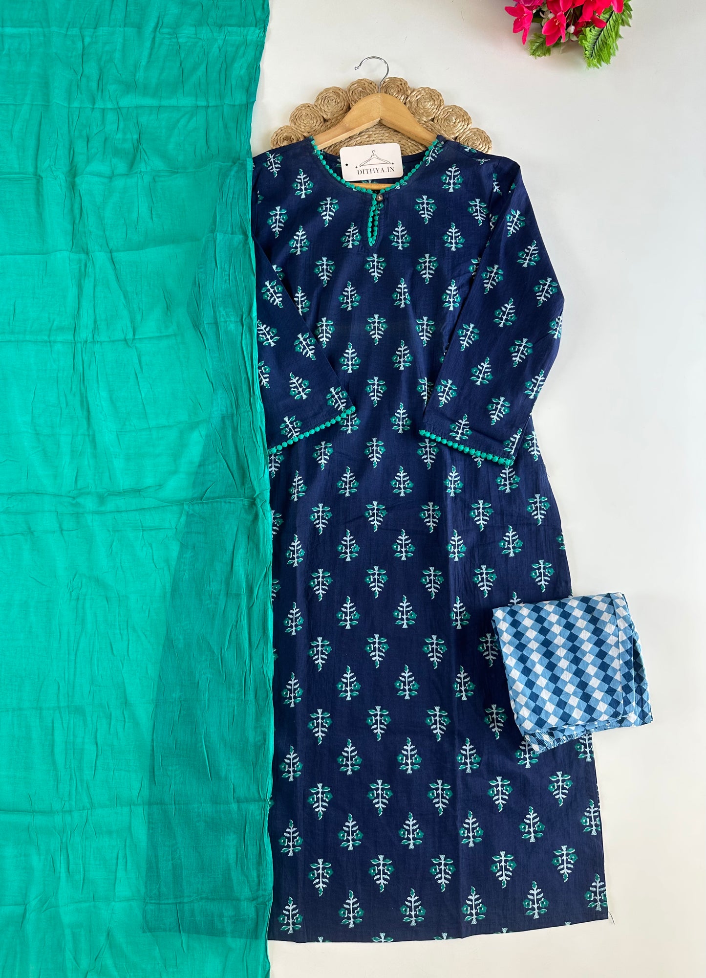 D530-Cotton straight Kurti with pants and dupatta