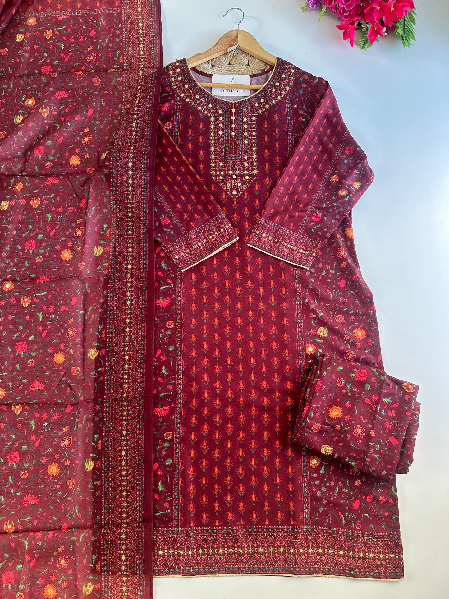 D531-Muslin straight Kurti with pants and dupatta