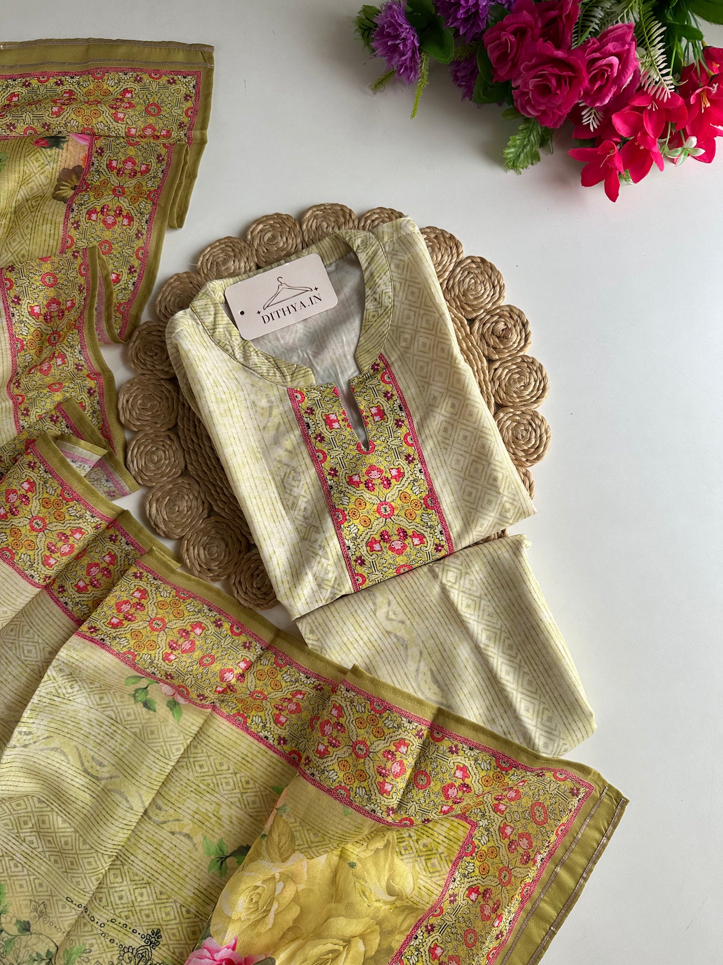 D532-Cotton straight Kurti with pants and dupatta