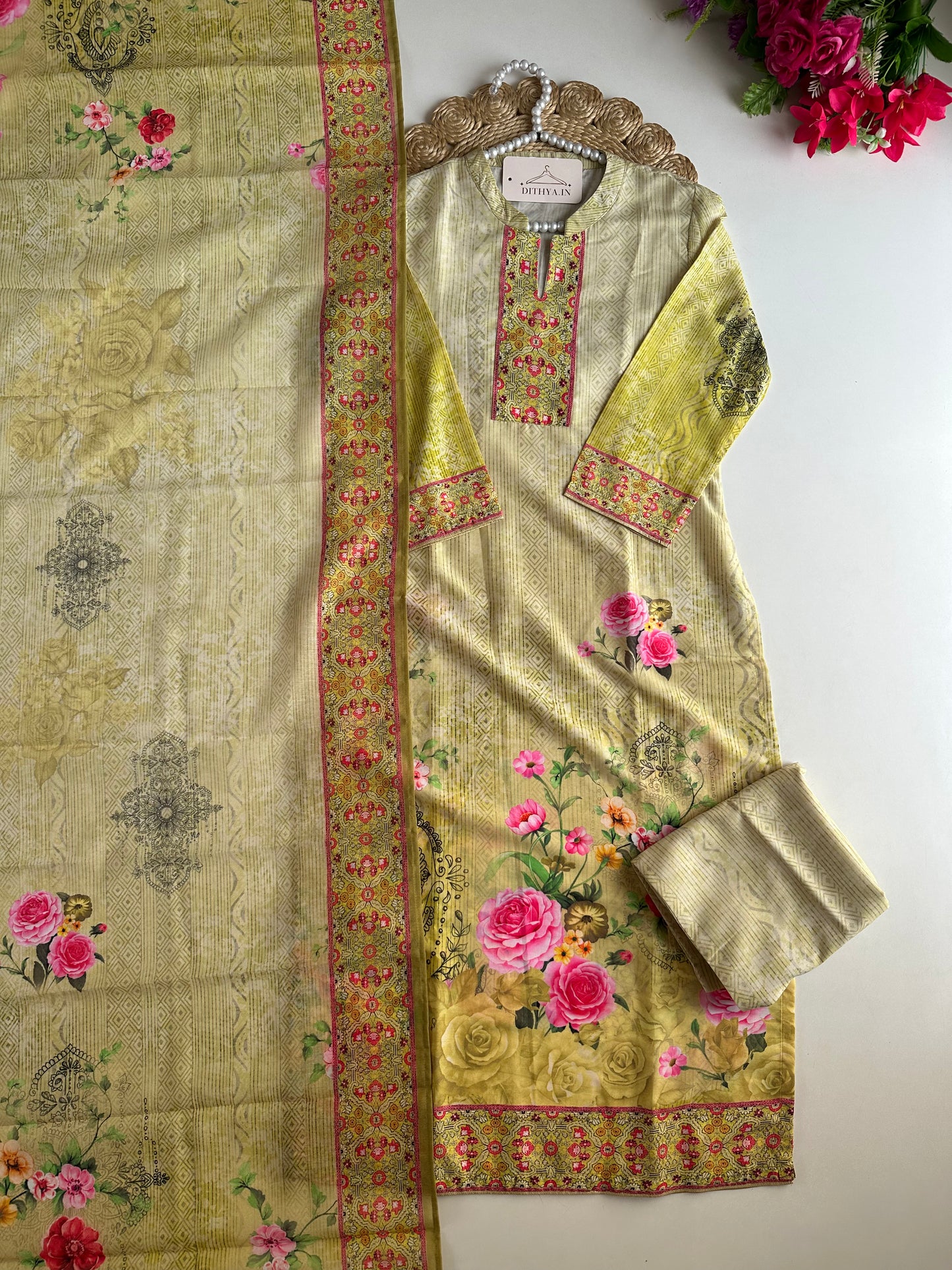 D532-Cotton straight Kurti with pants and dupatta