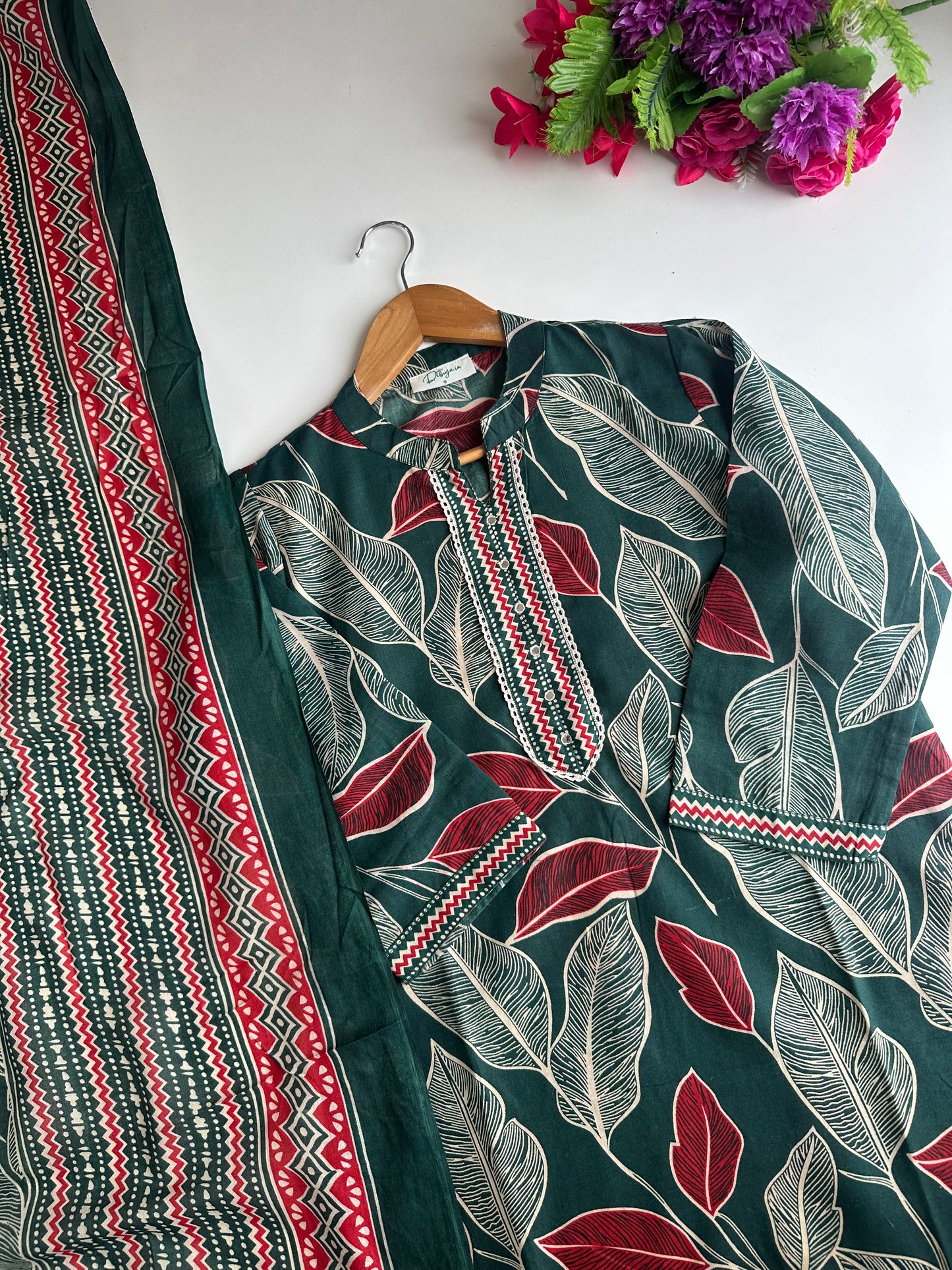 K472 - Mul cotton embroidered straight Kurti with pants and dupatta