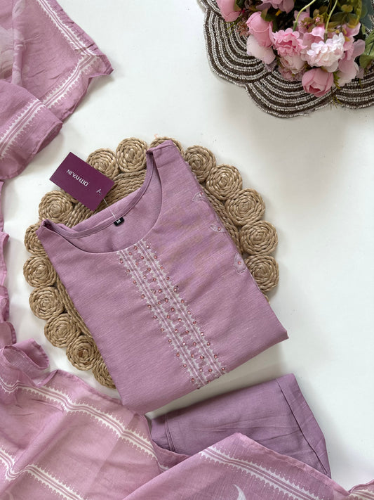 K213 - Linen cotton handwork straight Kurti with pants and  dupatta