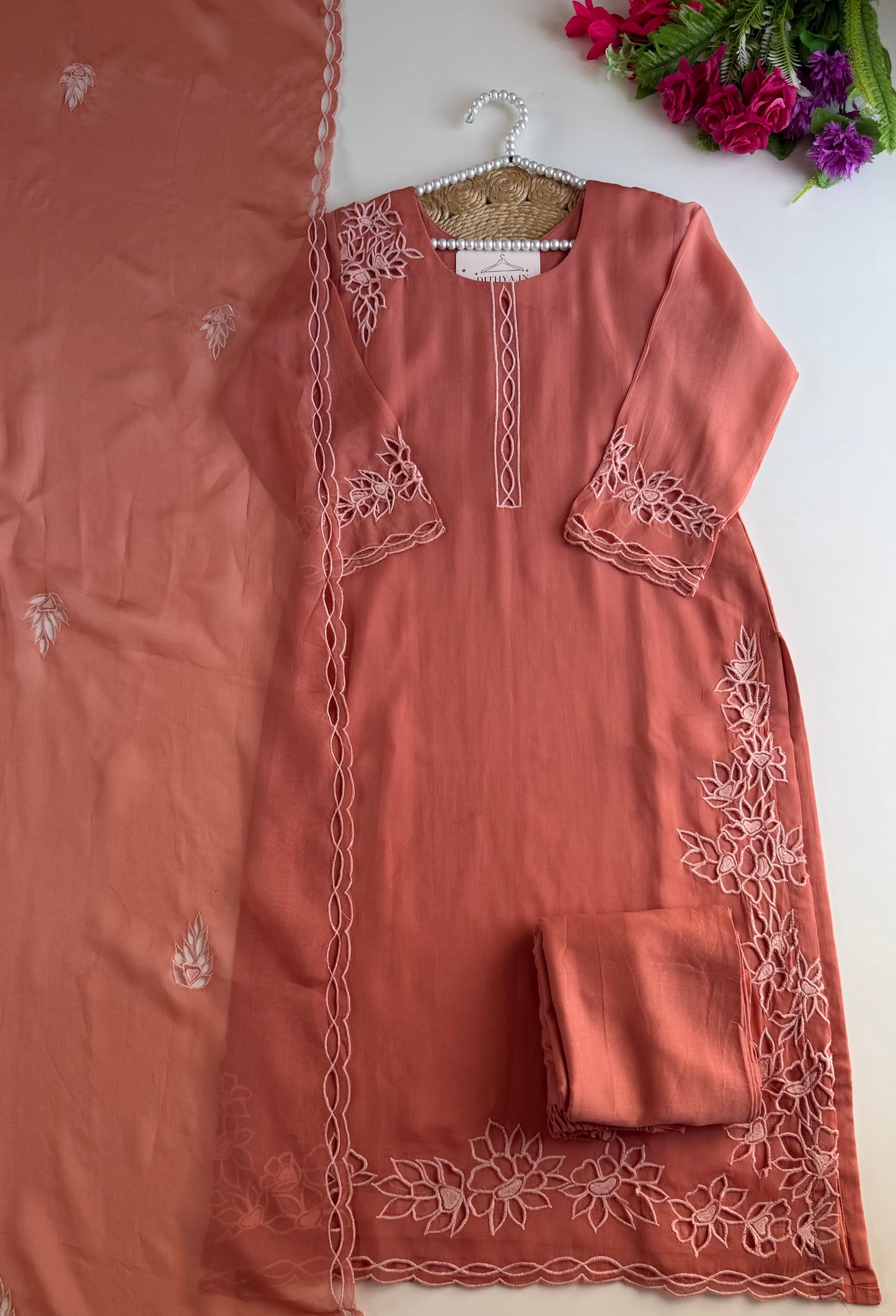 K705 - Viscose organza cutwork straight Kurti with pants and dupatta