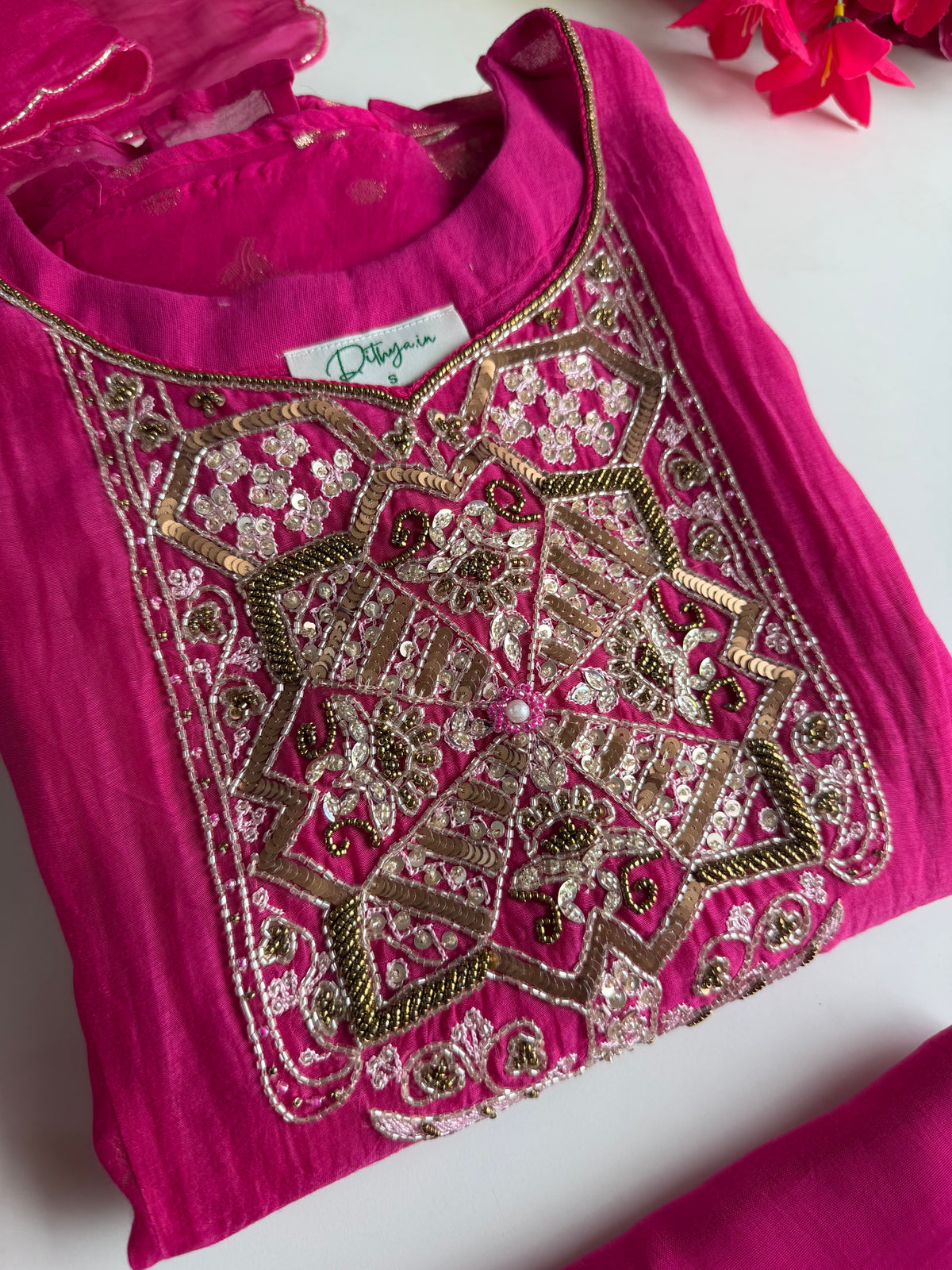 K551 - Mul chanderi zari handwork Aline Kurti with pants and dupatta