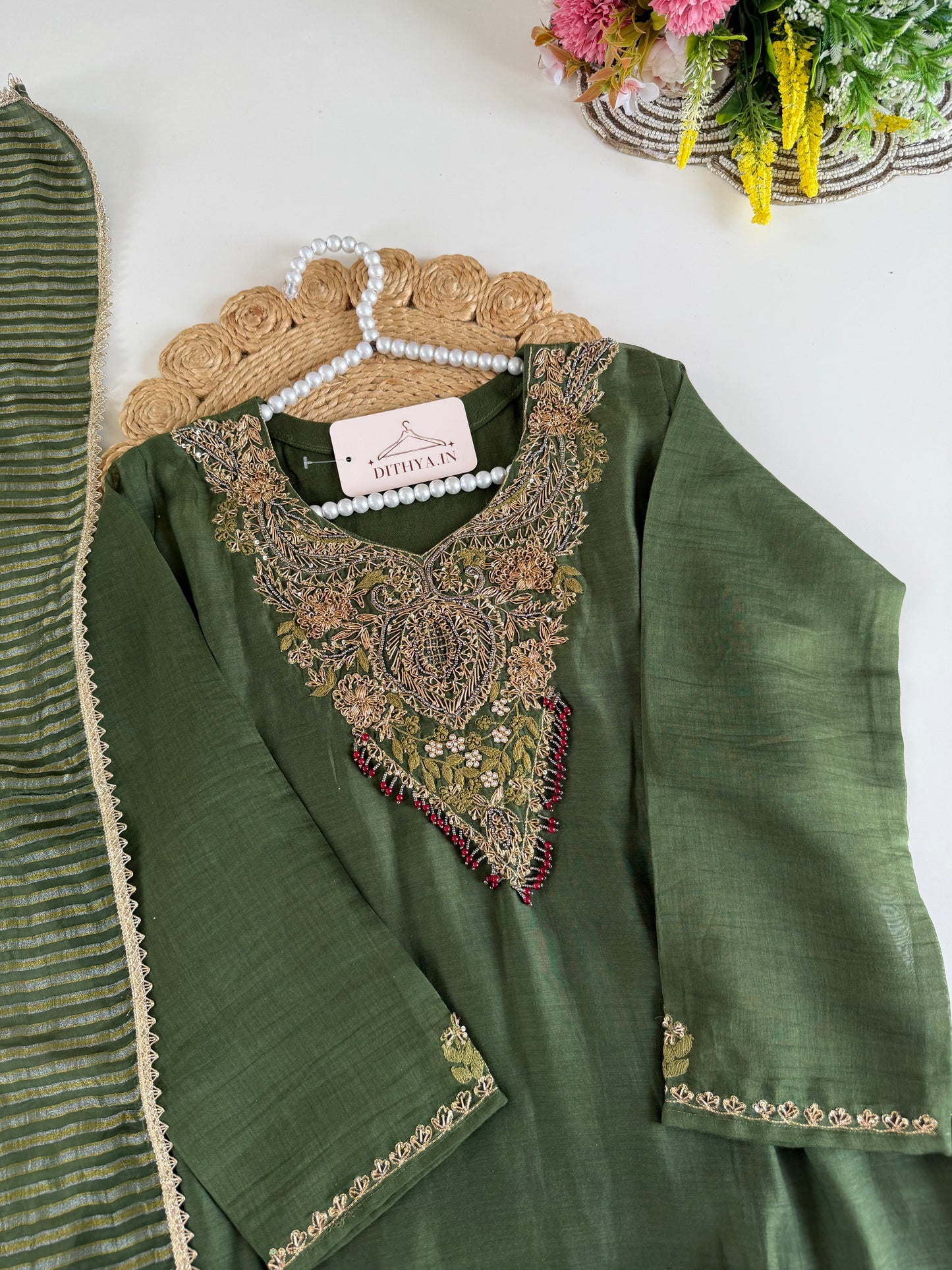 K374 - Mul chanderi handwork aline Kurti with pants and dupatta