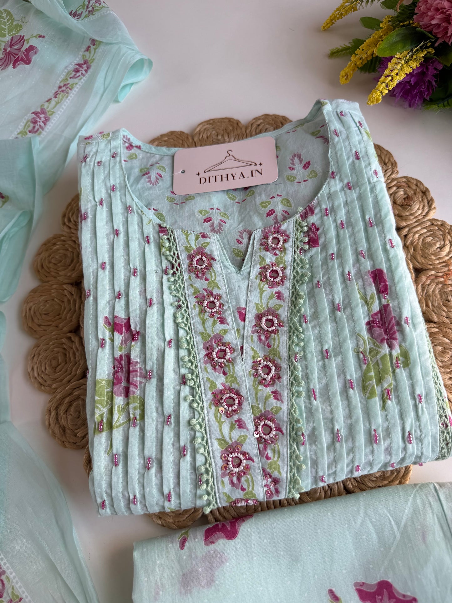 K059 - Mul cotton embroidered Anarkali with pants and dupatta