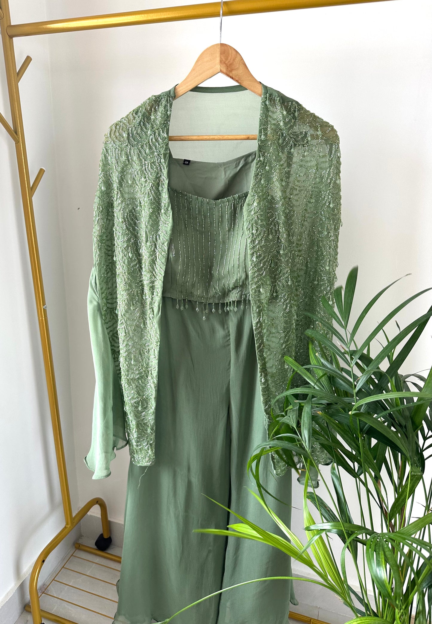 K267 - Viscose organza cutdhana crop top ,cape and palazzo