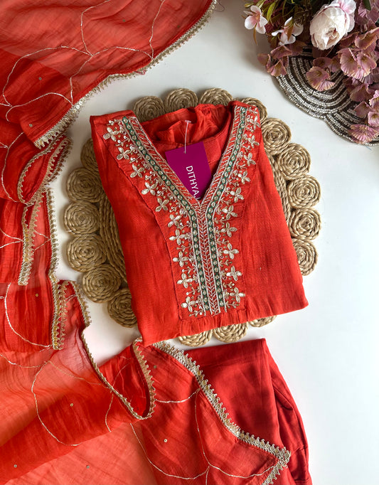 K069 - Mul chanderi handwork Aline Kurti with pants and dupatta