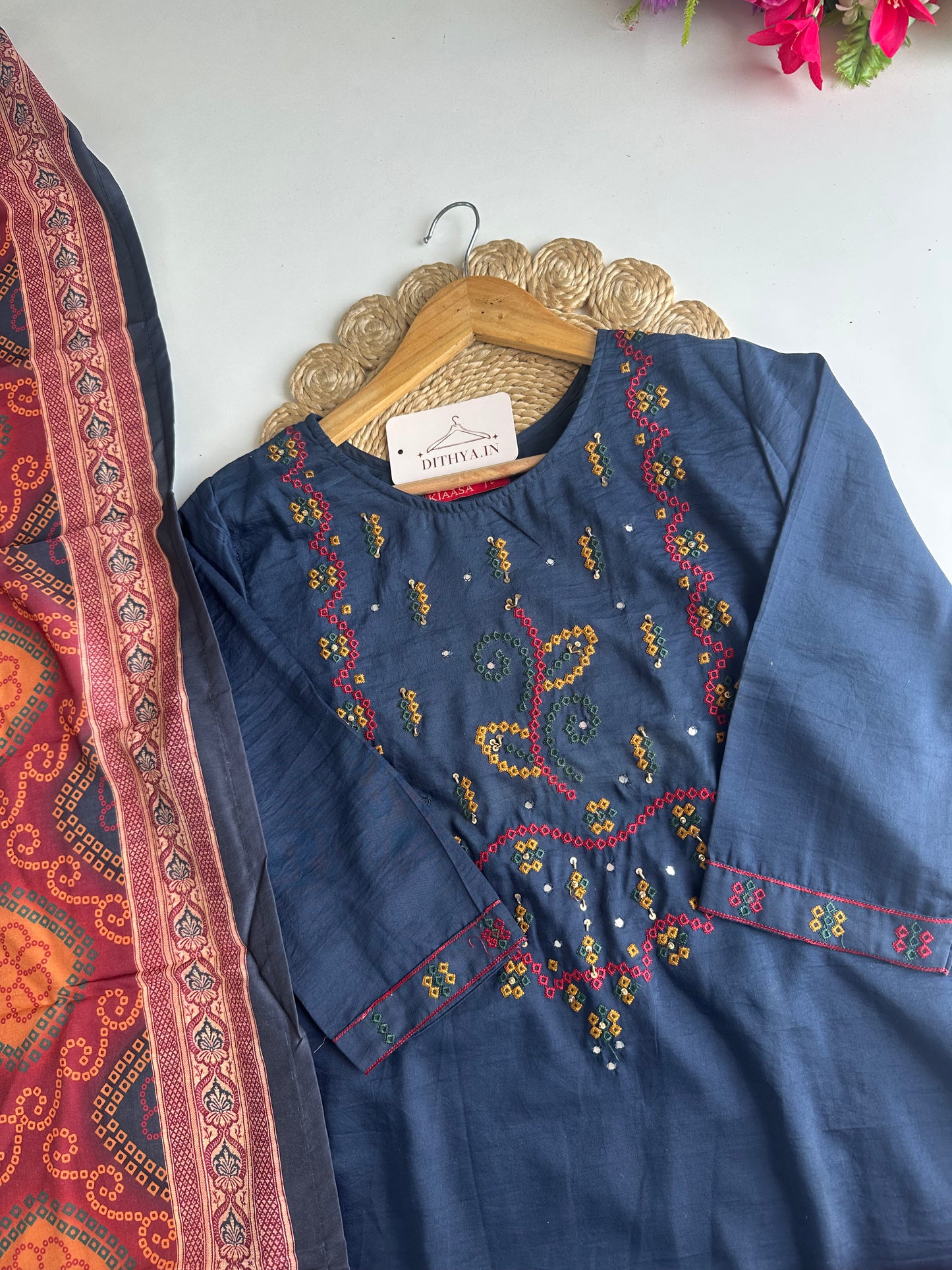 D582-Cotton straight Kurti with pants and dupatta