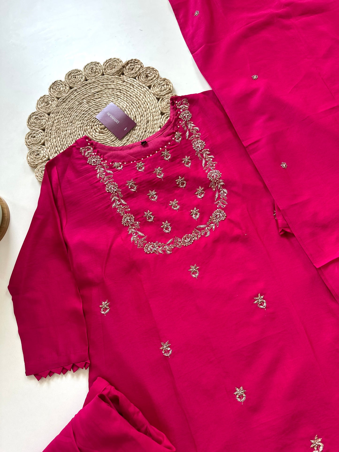 K147 - Zardosi Abuthai silk Aline kurti with pants and dupatta.