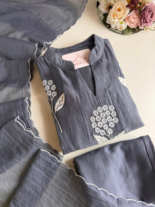 K336 - Mul chanderi appliqué embroidered Aline Kurti with pants and dupatta