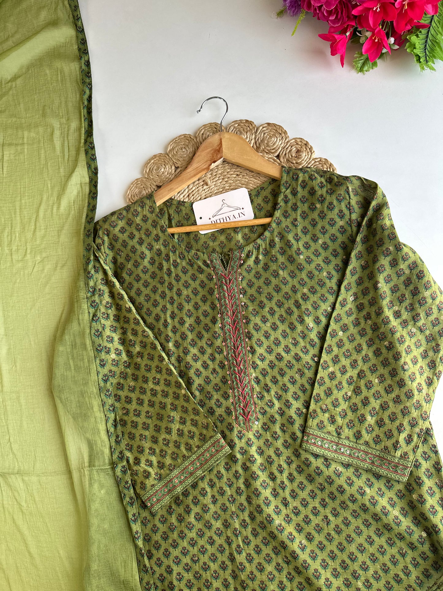 D593-Muslin straight Kurti with pants and dupatta