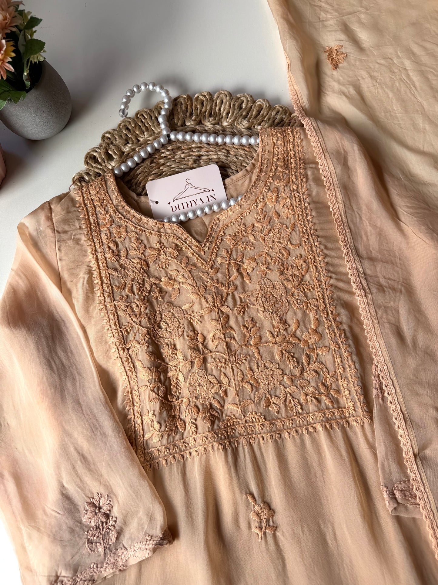 K587 - Viscose organza Chikankari straight Kurti with pants and dupatta