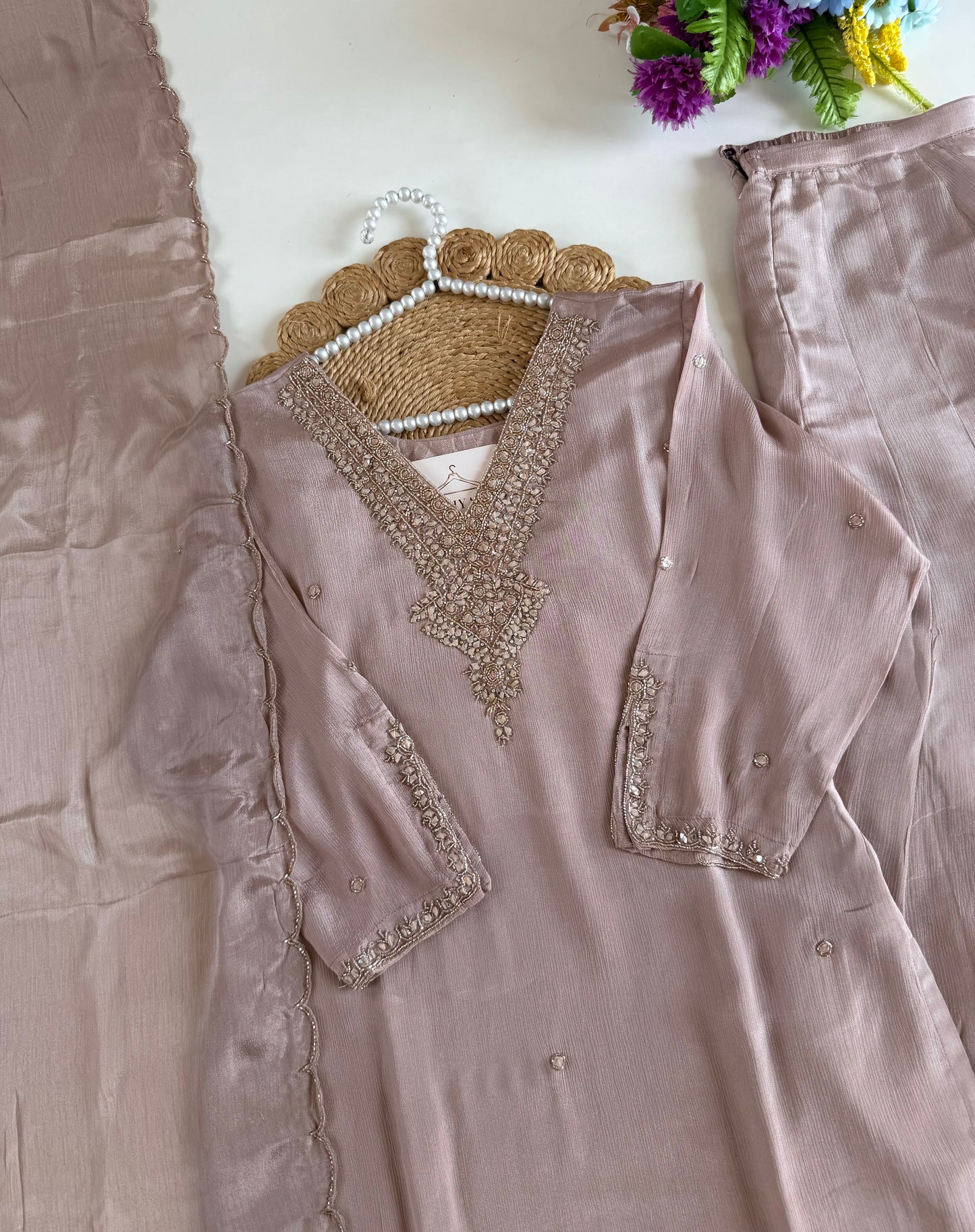K514-Pure Chinnon handwork short Kurti with divider pants and dupatta