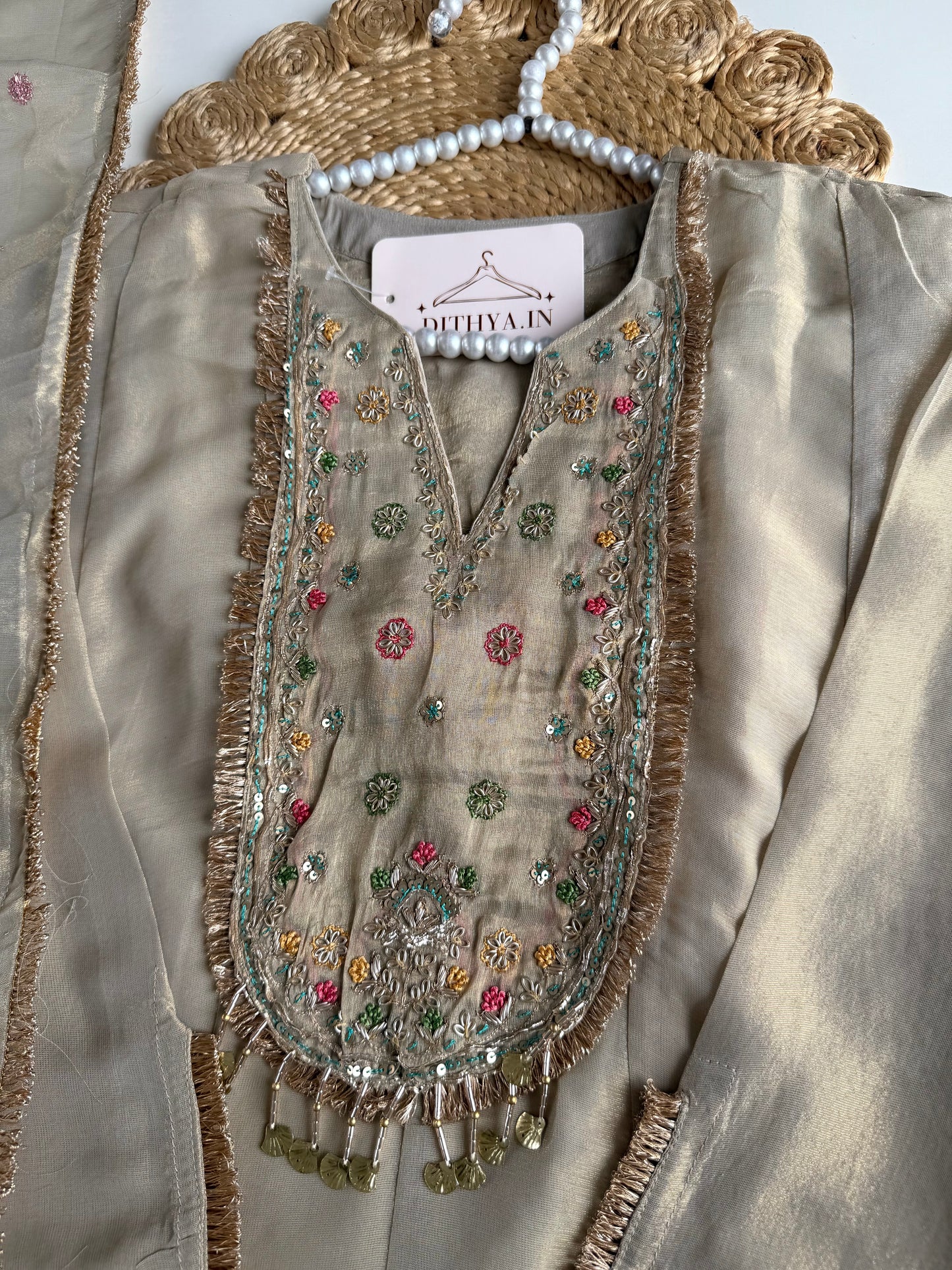 K607 - Tissue silk handwork aline Kurti with pants and dupatta