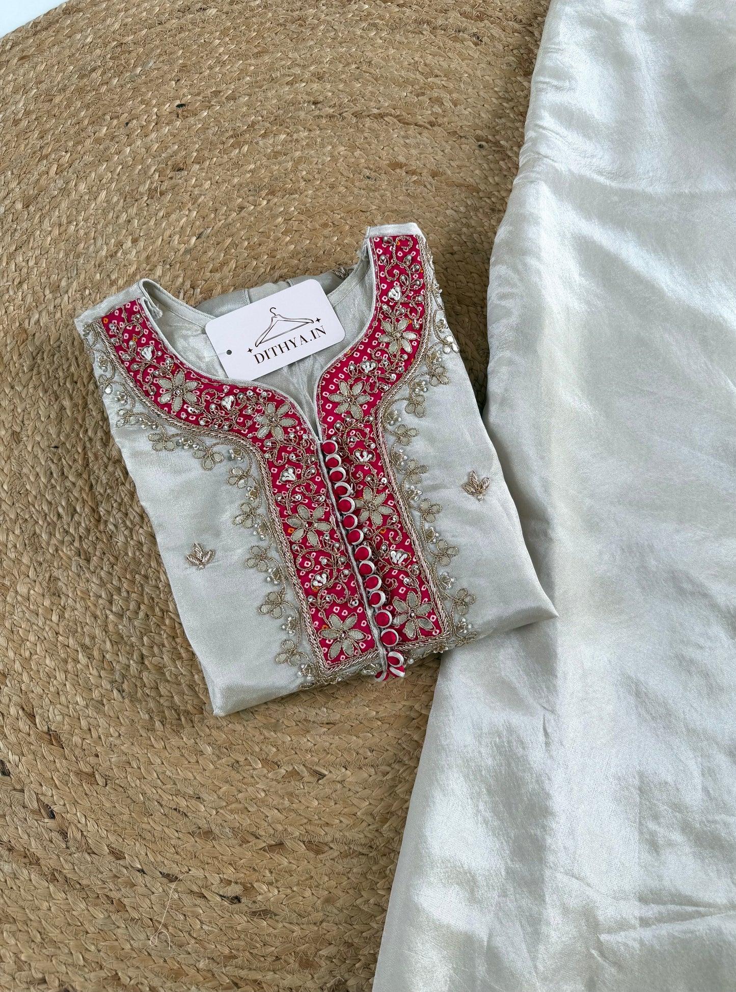 K225 - Tissue silk gota handwork short Kurti with divider pants
