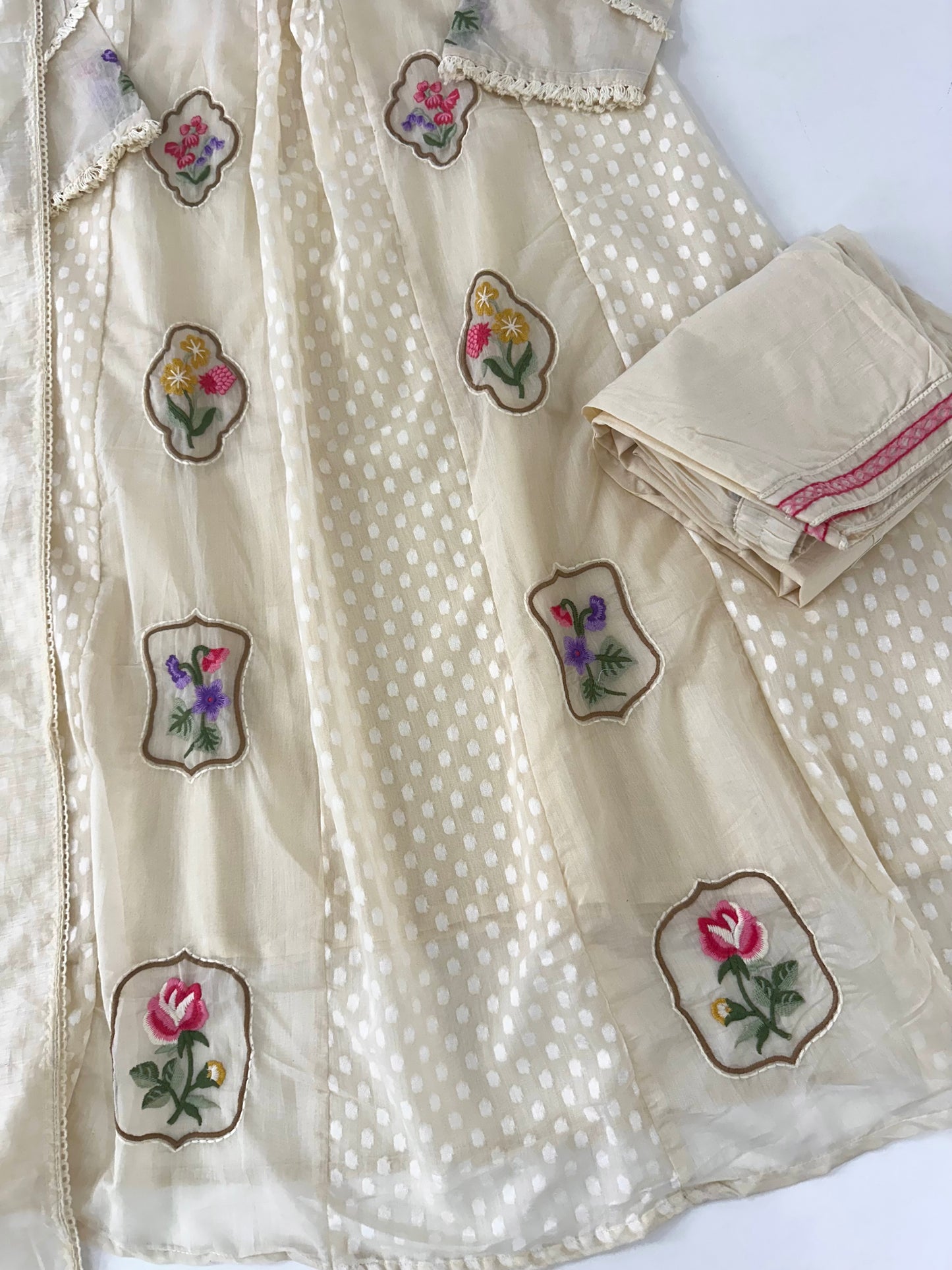 K380 - Mul chanderi embroidered Anarkali with pants and dupatta