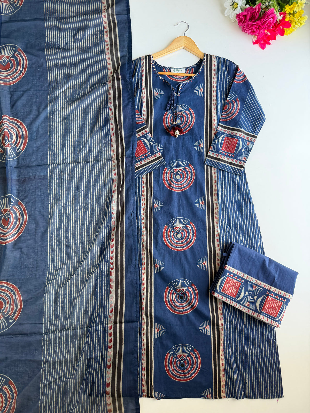 K607 - Mul cotton embroidered straight Kurti with pants and dupatta