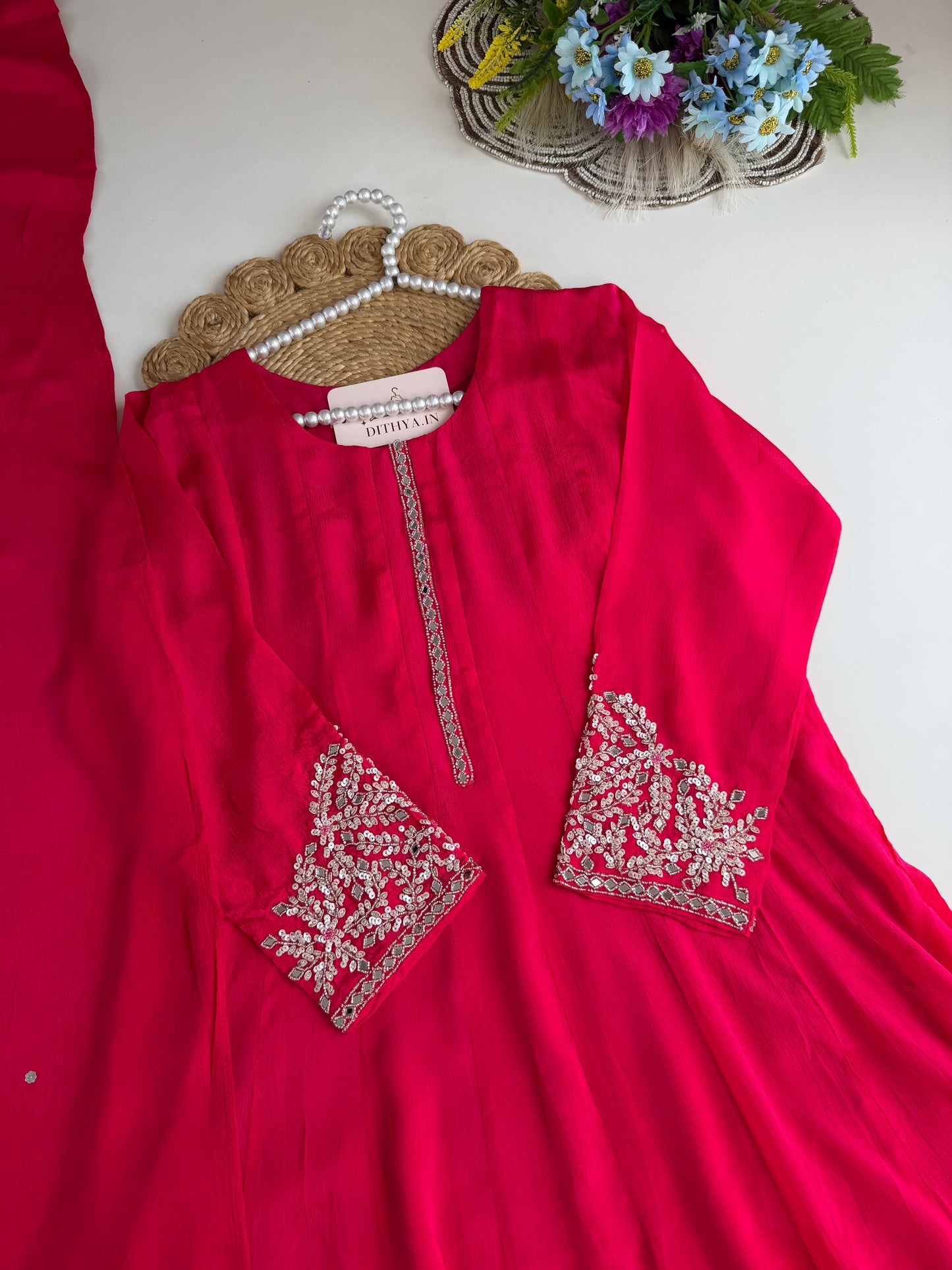 K538 - Chinnon handwork Anarkali with pants and dupatta in 2 colours