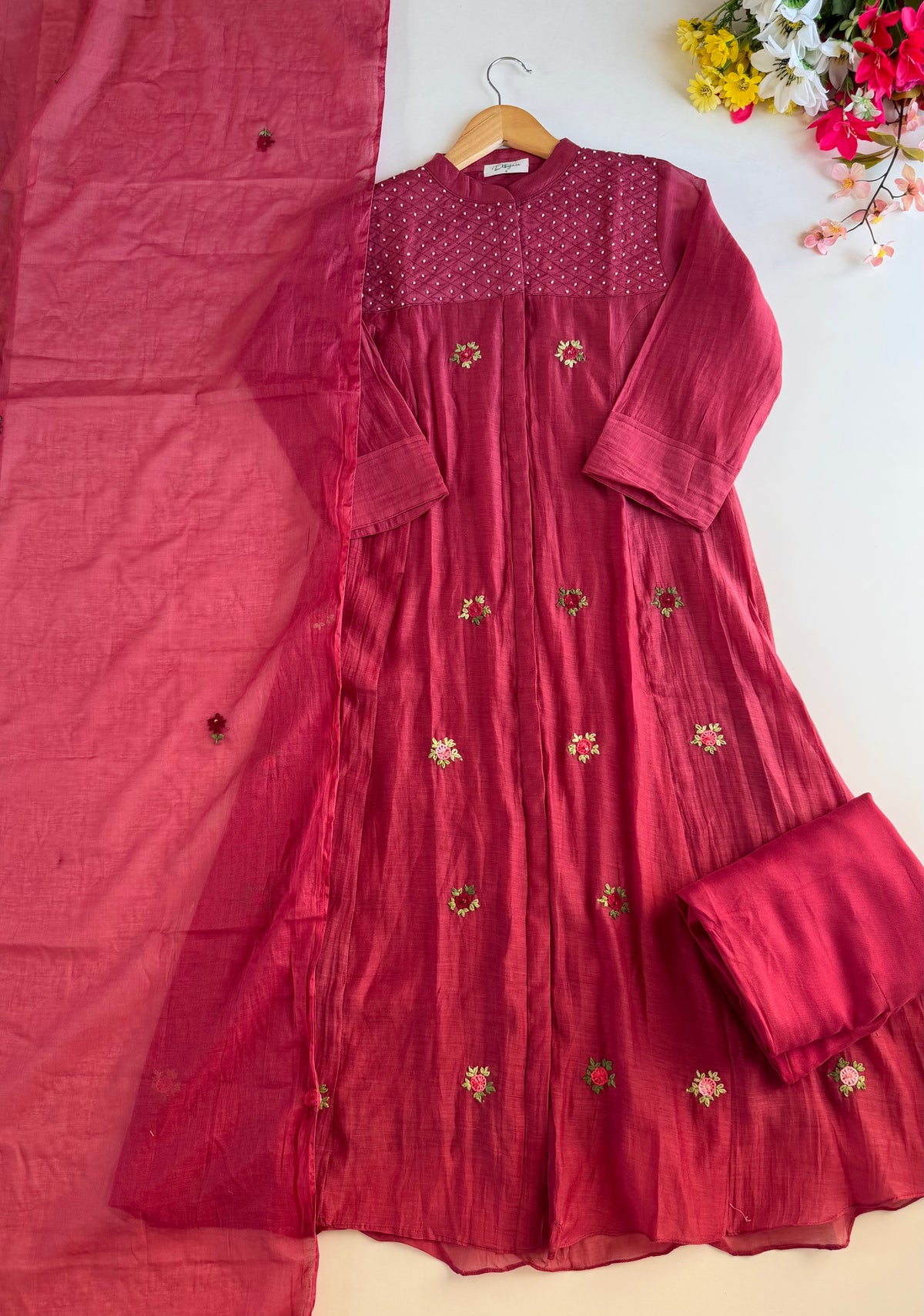 K086 - Mul chanderi embroidered Aline Kurti with pants and dupatta